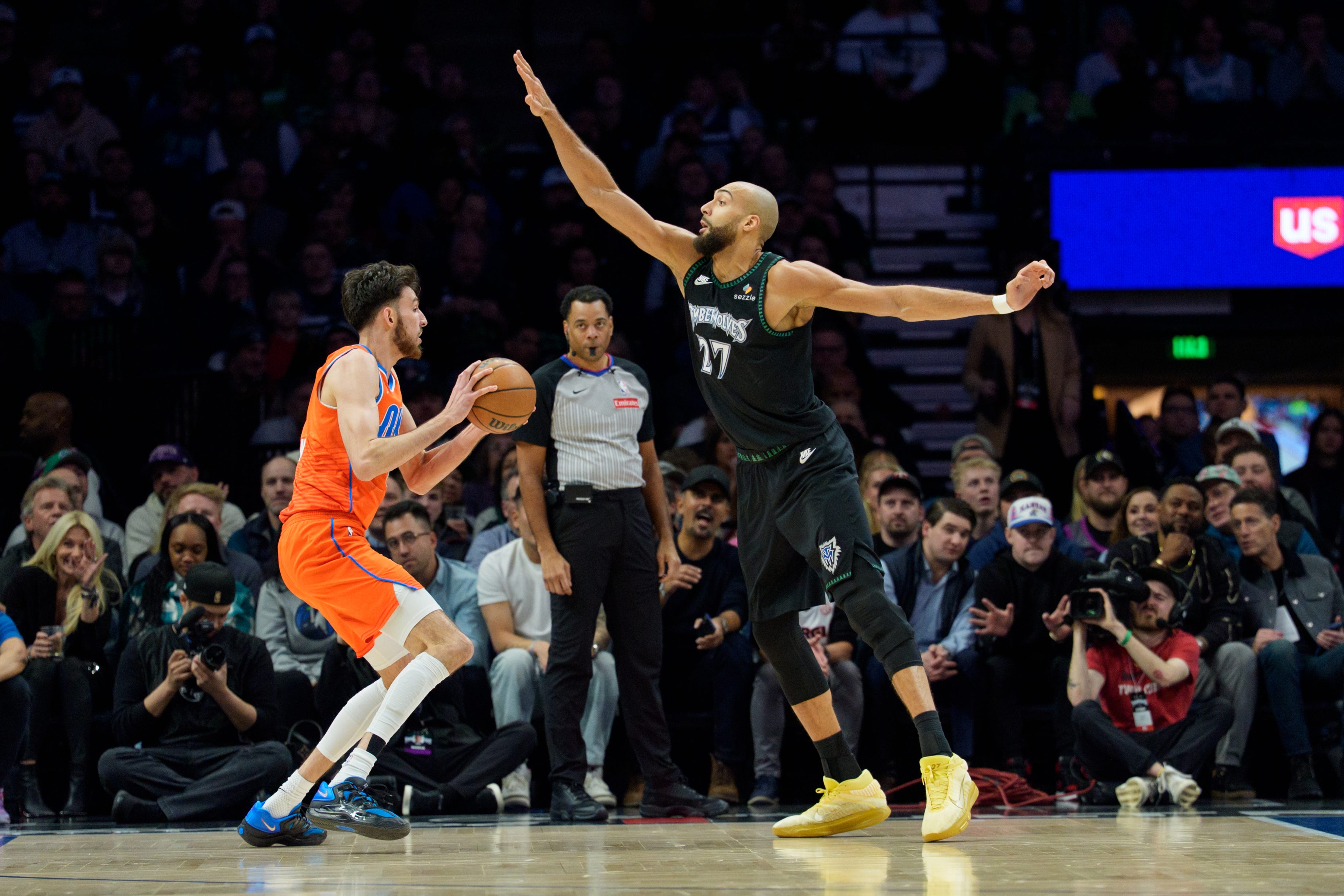 Jan 29, 2026; Minneapolis, Minnesota, USA; Oklahoma City Thunder center Chet Holmgren (7) is challenged by Minnesota Timberwolves center Rudy Gobert (27) in the first quarter at Target Center. Mandatory Credit: Matt Blewett-Imagn Images