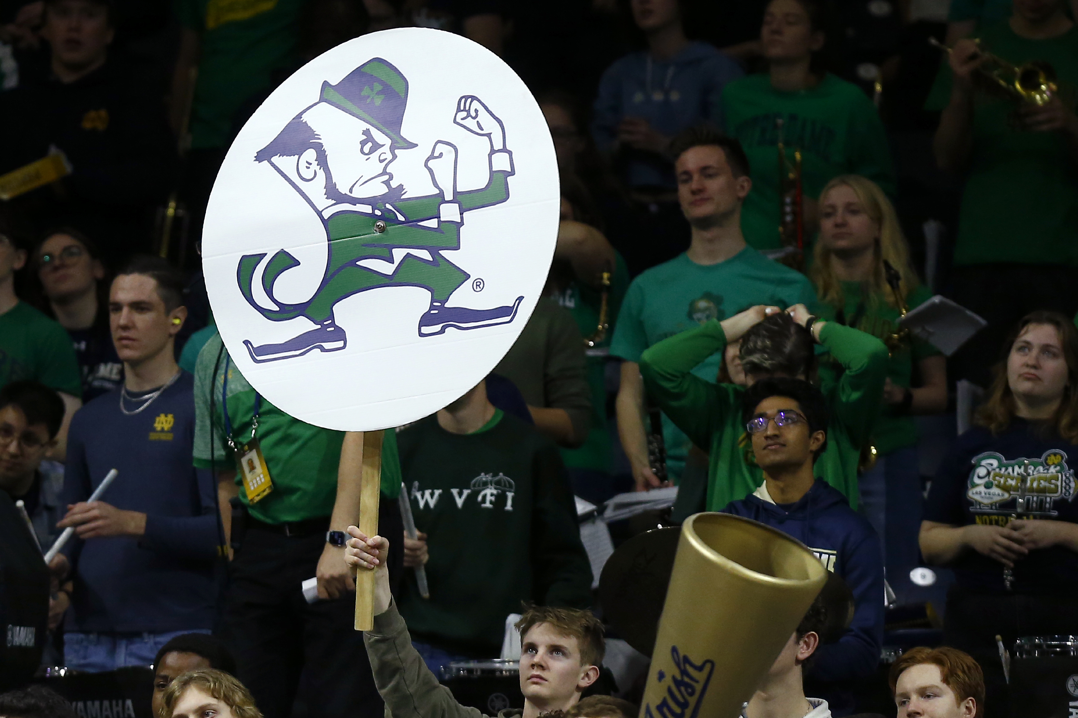 SOUTH BEND, IN - JANUARY 21: A Notre Dame Fighting Irish fan holds up the Notre Dame Fighting Irish Leprechaun sign during a mens college basketball game between the Boston College Eagles and the Notre Dame Fighting Irish on January 21, 2023 at Purcell Pavilion in South Bend, IN. (Photo by Jeffrey Brown/Icon Sportswire via Getty Images)
