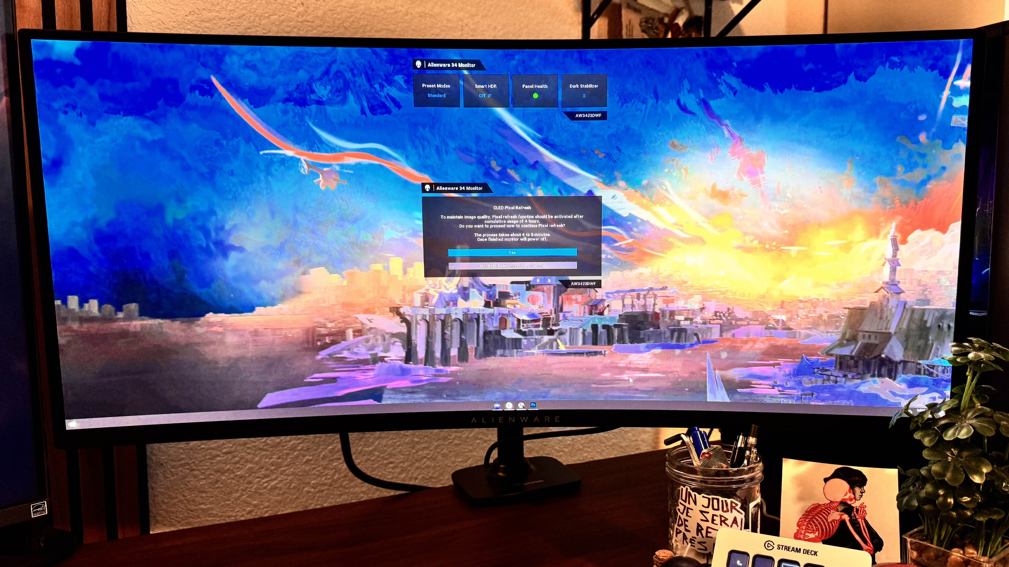 The AW3423DWF with the OLED Pixel Refresh monitor warning it needs to refresh for six to eight minutes, and that it will power off when complete.