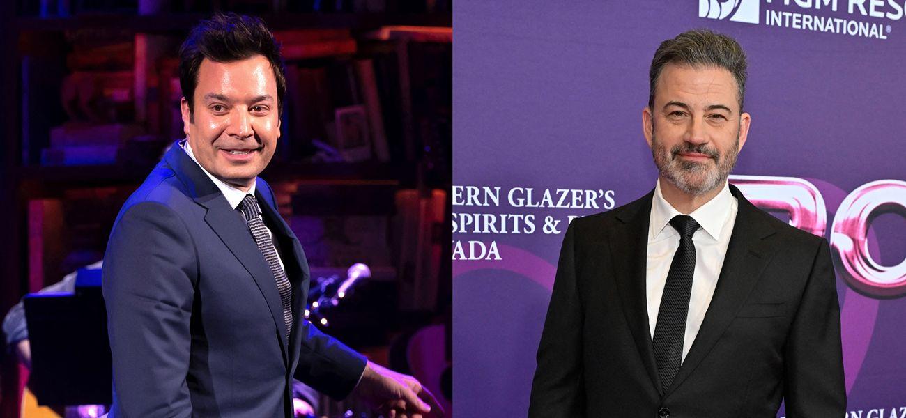 A photo collage of Jimmy Fallon and Jimmy Kimmel