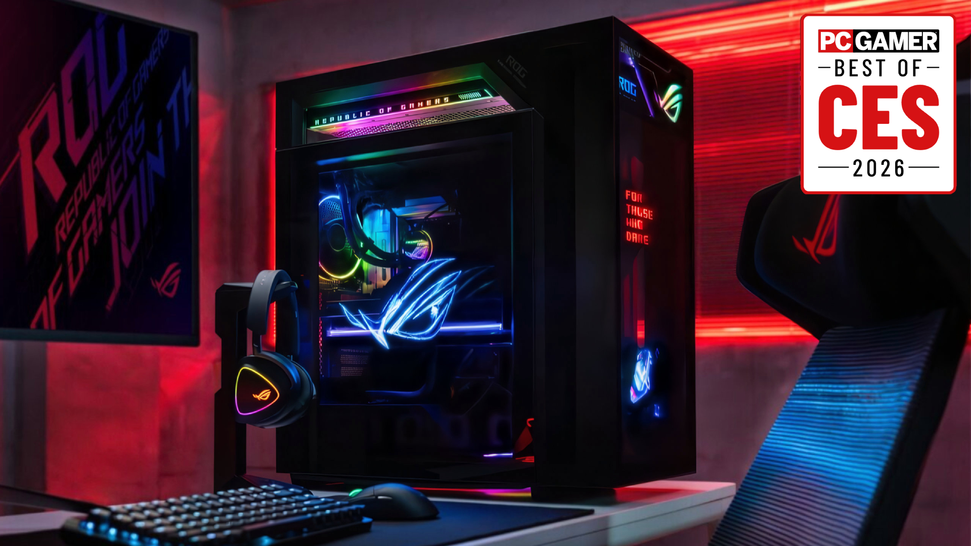 A promotional image of the Asus ROG G1000 gaming PC with a PC Gamer Best of CES 2026 logo in the top right