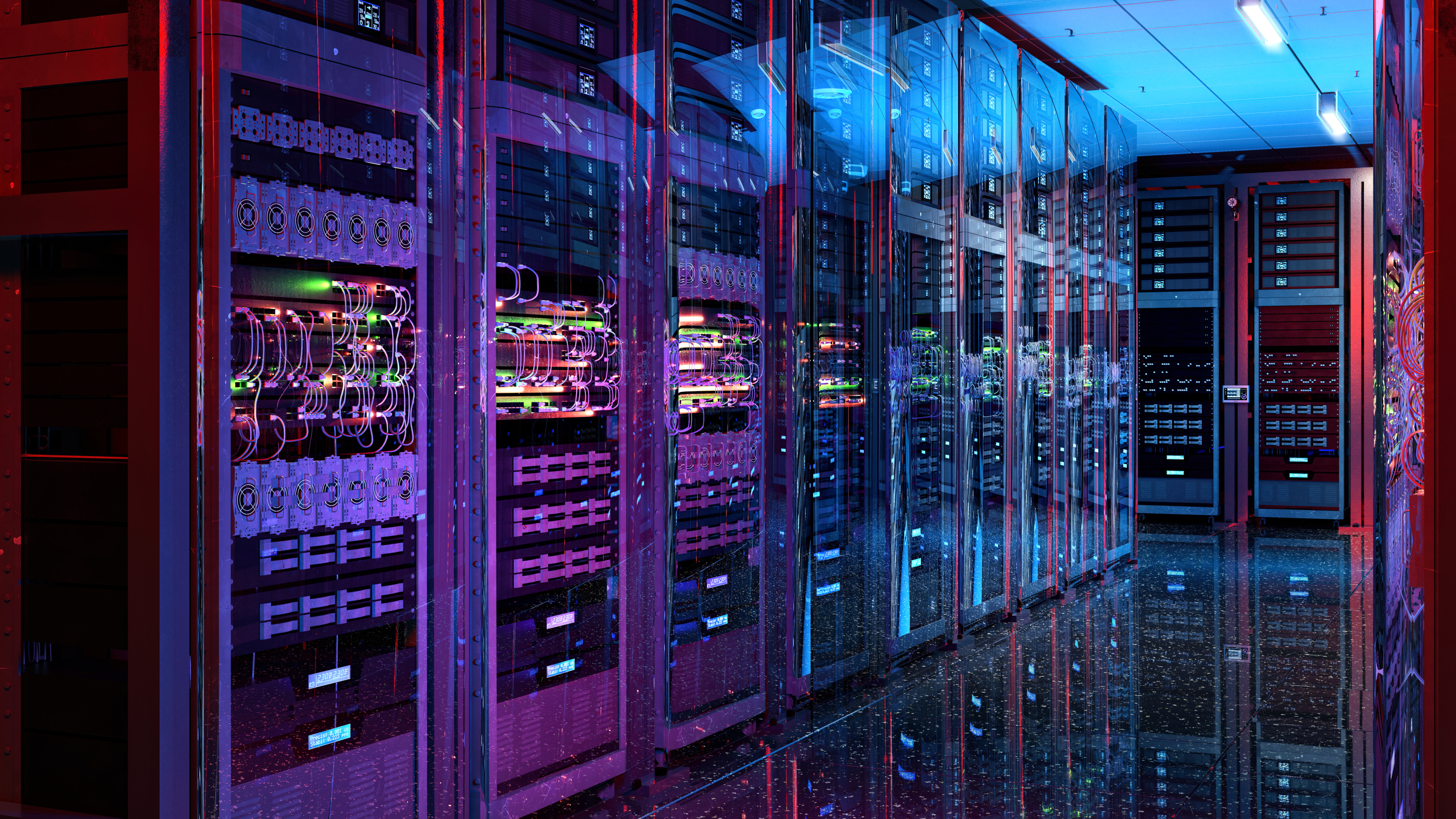 A processed photo of a data center server room, showing racks of computers lit by overhead lights, reflecting off the ground.