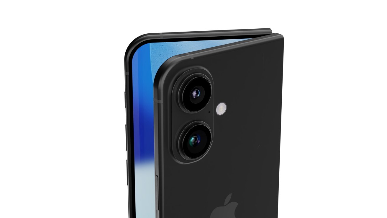 Black foldable smartphone partially open, featuring dual rear cameras, a flash, and a visible blue interior screen edge.