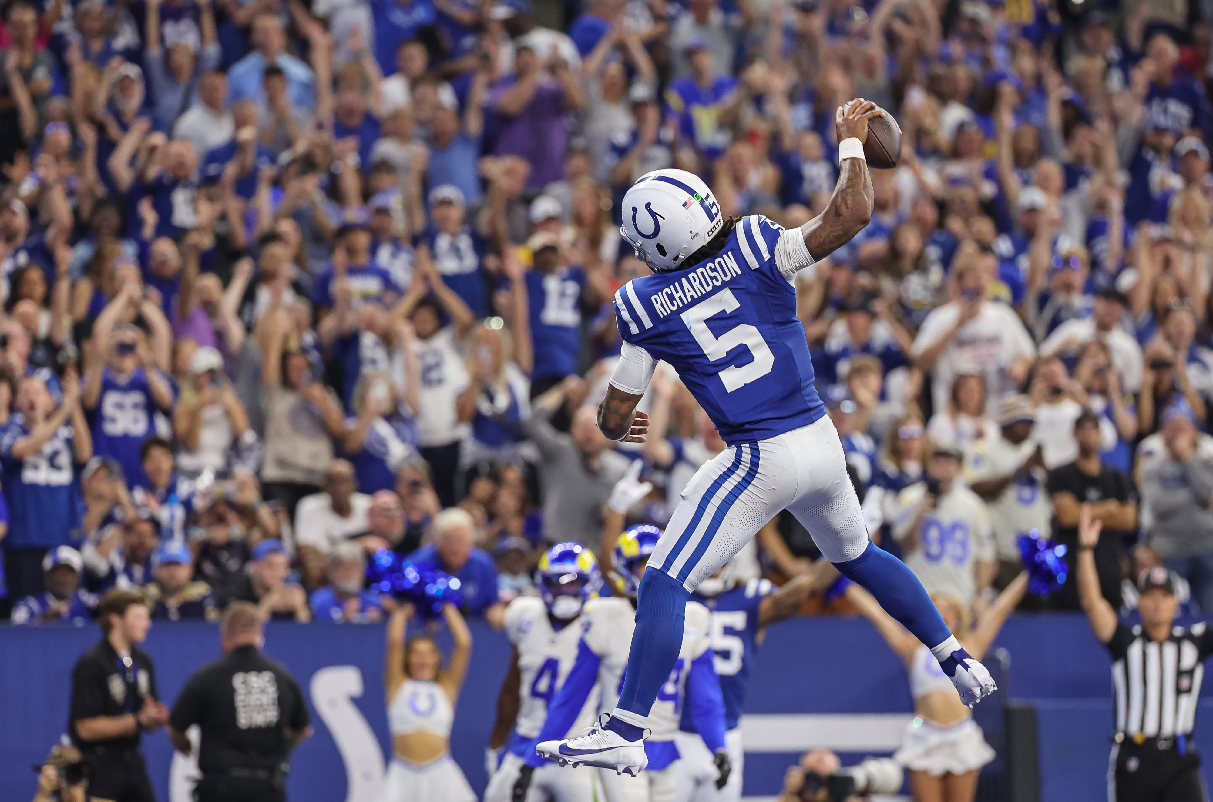 INDIANAPOLIS, INDIANA - OCTOBER 1: Anthony Richardson #5 of the Indianapolis Colts celebrates a touchdown during the game against the Los Angeles Rams at Lucas Oil Stadium on October 1, 2023 in Indianapolis, Indiana. (Photo by Michael Hickey/Getty Images)
