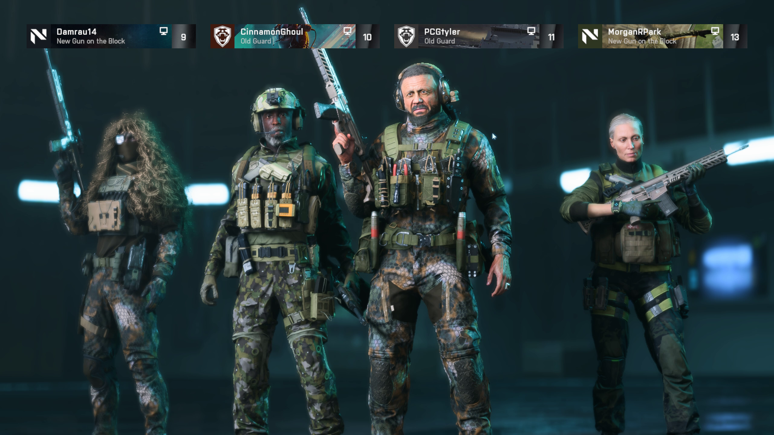 Four Battlefield 2042 specialists lined up for Hazard Zone deployment.