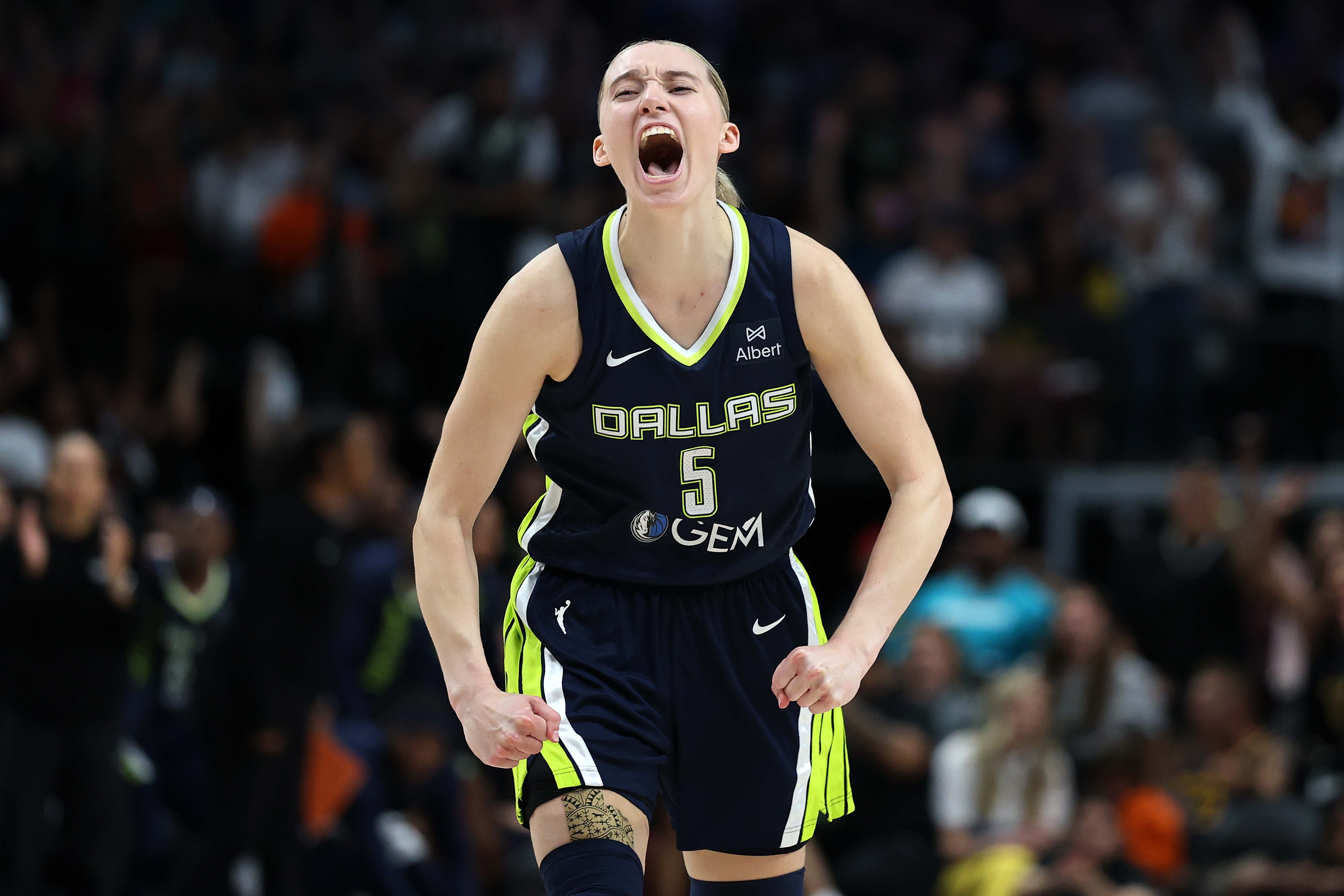 ARLINGTON, TEXAS - JUNE 27: Paige Bueckers #5 of the Dallas Wings reacts to an officials call during the second half of a game against the Indiana Fever at American Airlines Center on June 27, 2025 in Dallas, Texas. NOTE TO USER: User expressly acknowledges and agrees that, by downloading and or using this photograph, User is consenting to the terms and conditions of the Getty Images License Agreement. (Photo by Stacy Revere/Getty Images)