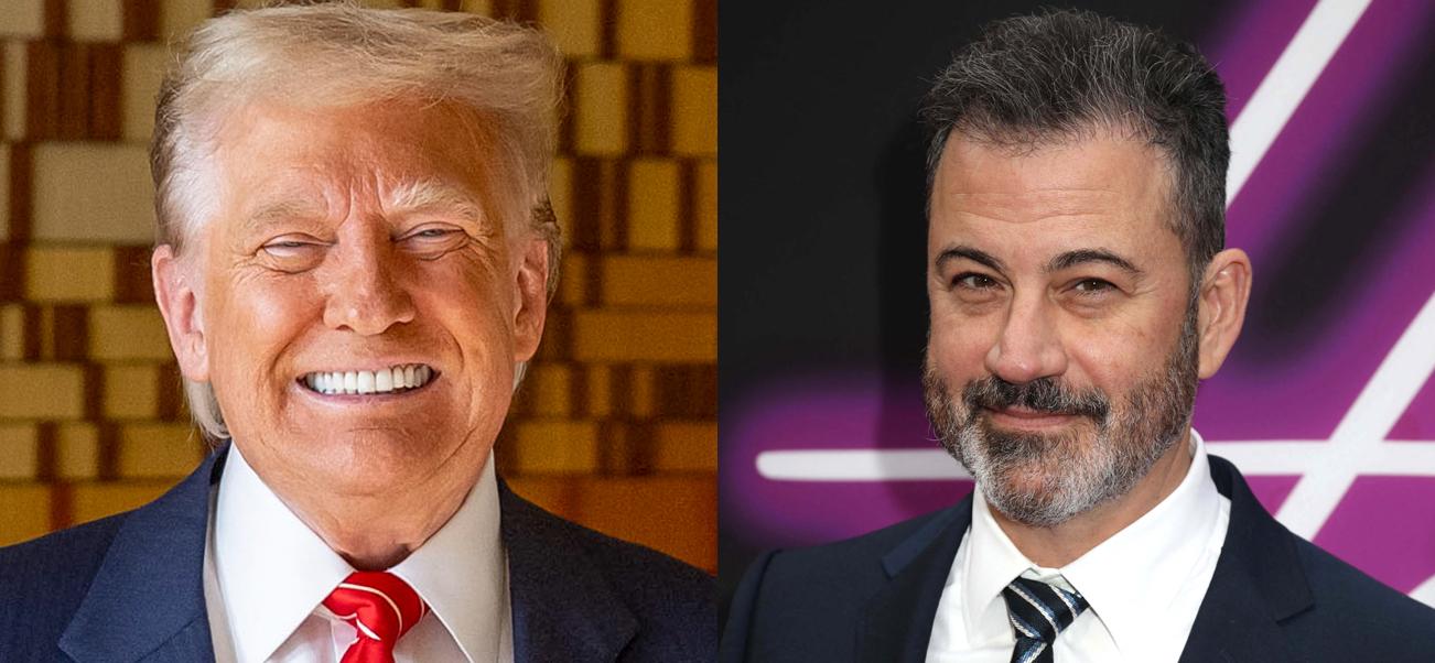 A photo collage of Donald Trump and Jimmy Kimmel