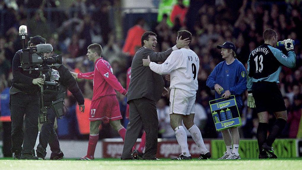 Mark Viduka celebrates after Leeds' 4-3 win over Liverpool in 2000 when he scored all four goals