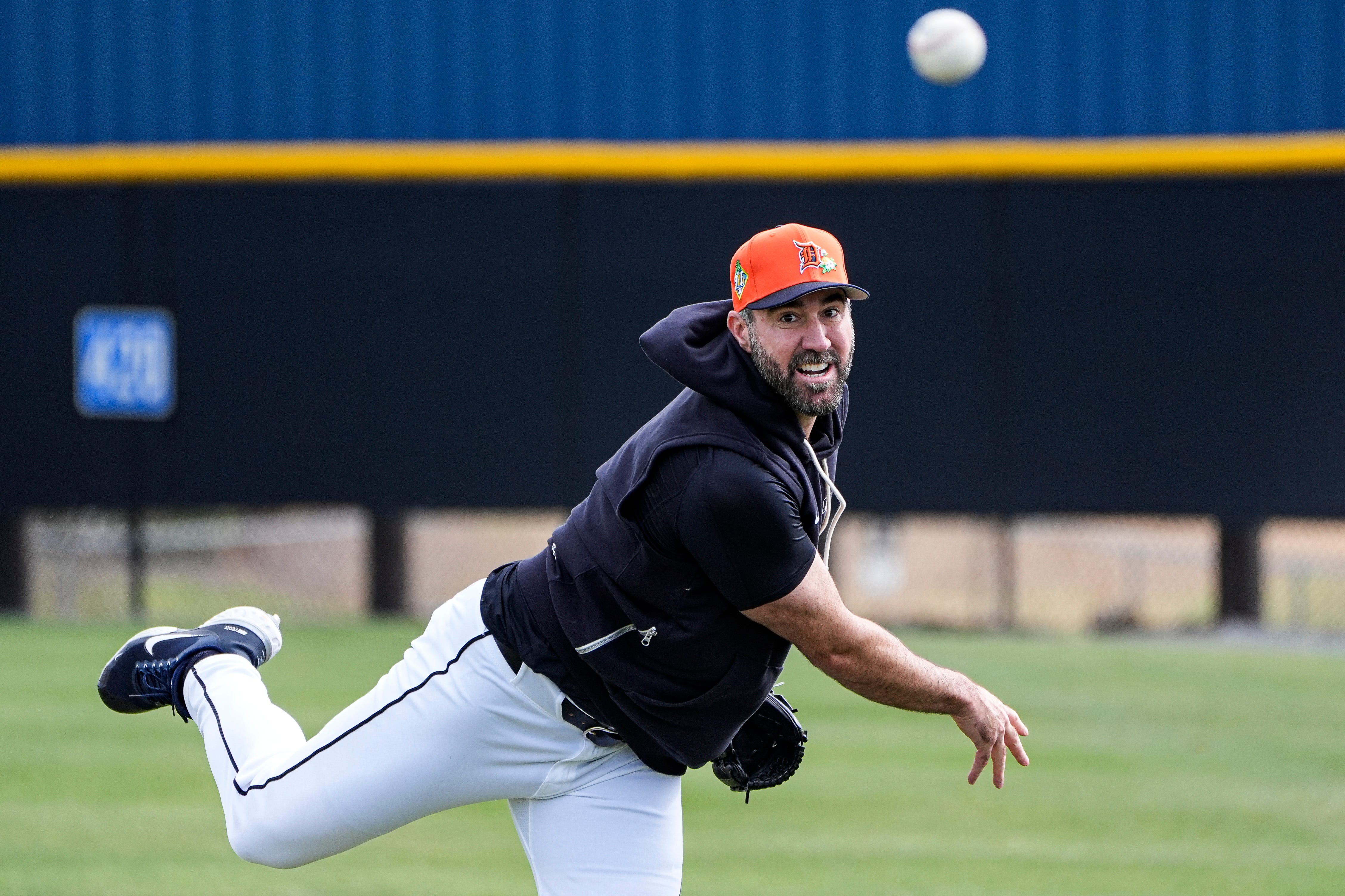Detroit Tigers pitcher Justin Verlander practices during spring training at TigerTown in Lakeland, Fla. on Tuesday, Feb. 17, 2026.
