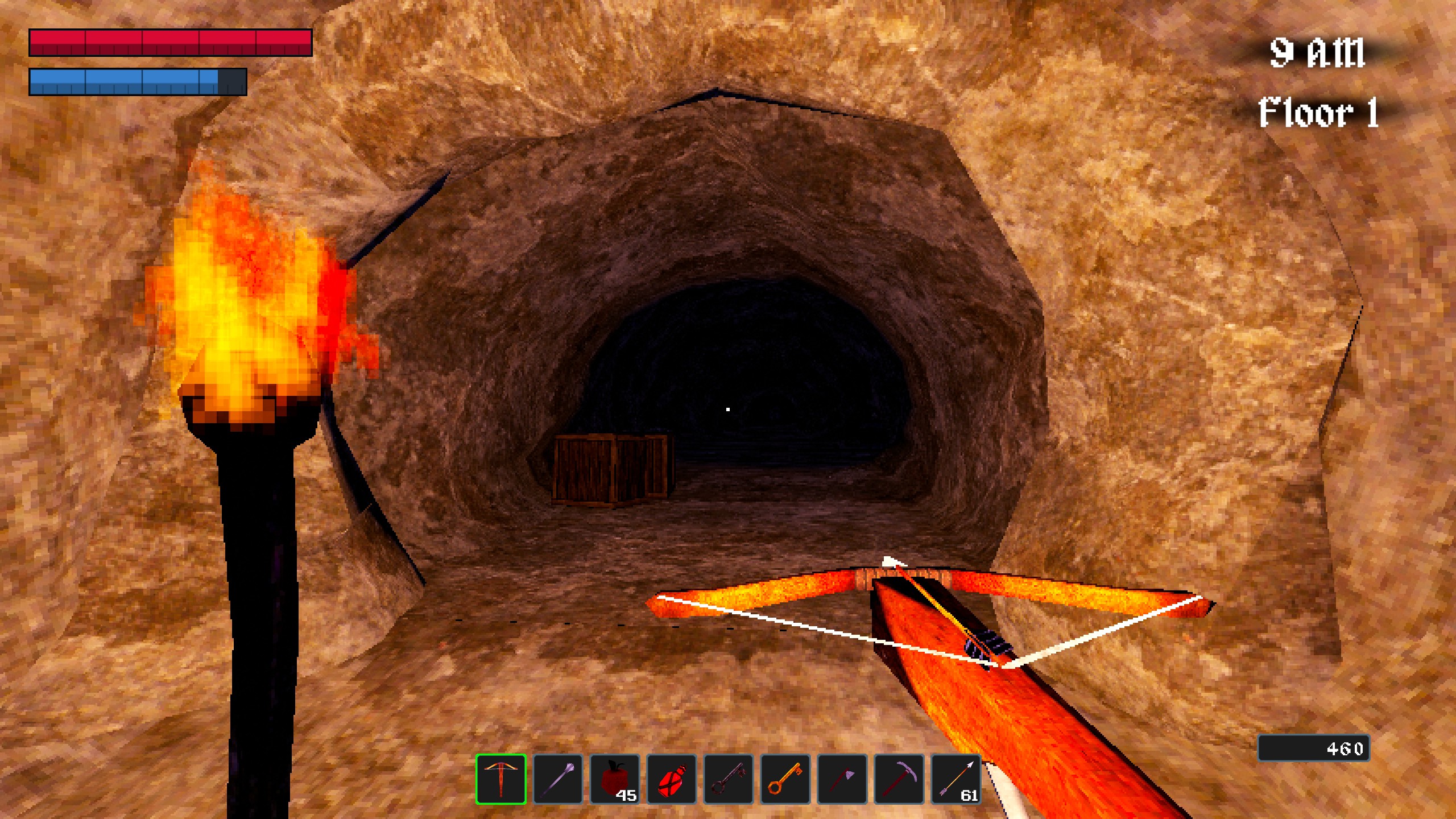First person view crossbow and torch pointed down cave in Nox Mortalis