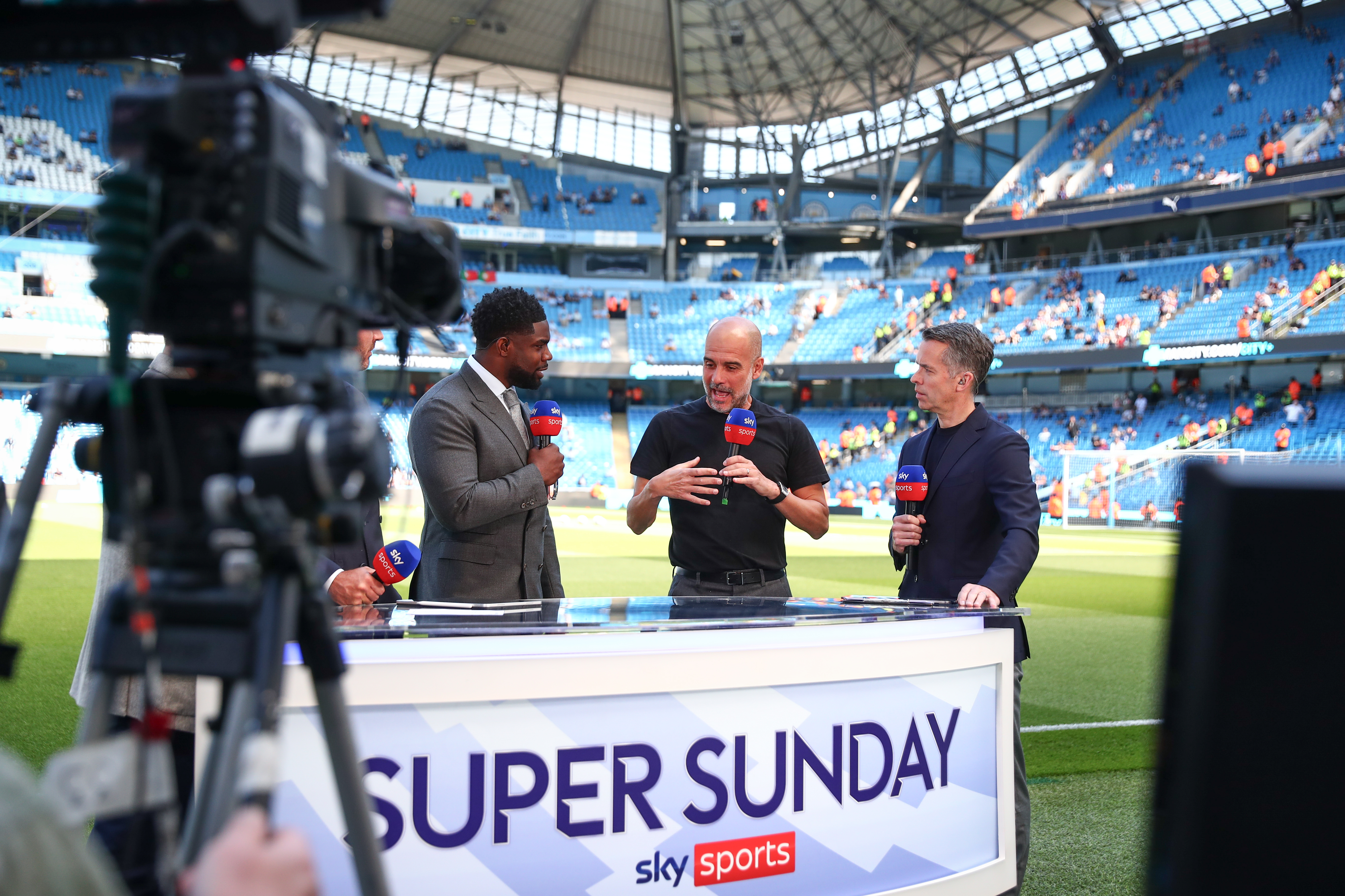 MANCHESTER, ENGLAND - MAY 19: Pep Guardiola the head coach / manager of Manchester City being interviewed by Sky Sports ahead of the Premier League match between Manchester City and West Ham United at Etihad Stadium on May 19, 2024 in Manchester, England.(Photo by Robbie Jay Barratt - AMA/Getty Images)