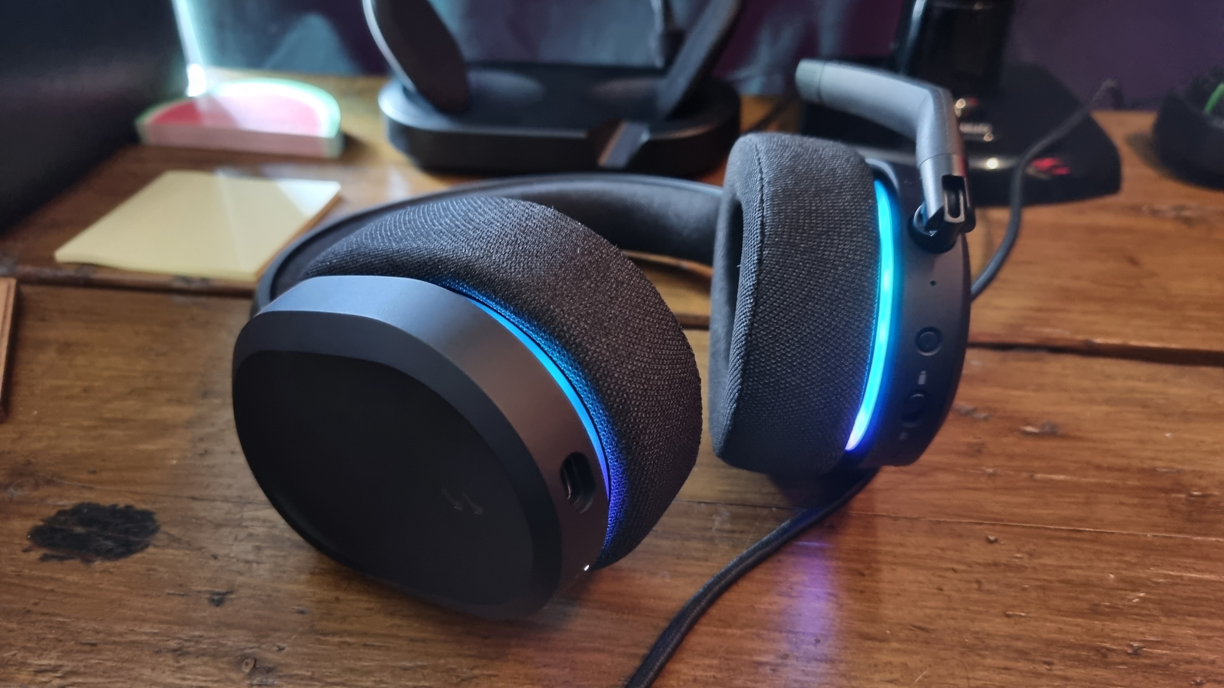 The Fractal Design Scape gaming headset with its RGB lighting on