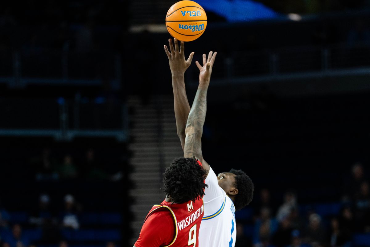 UCLA center Xavier Booker (1) tips off during a Big 10 basketball game against Maryland, Saturday , January 10th, 2025 in Los Angeles, California