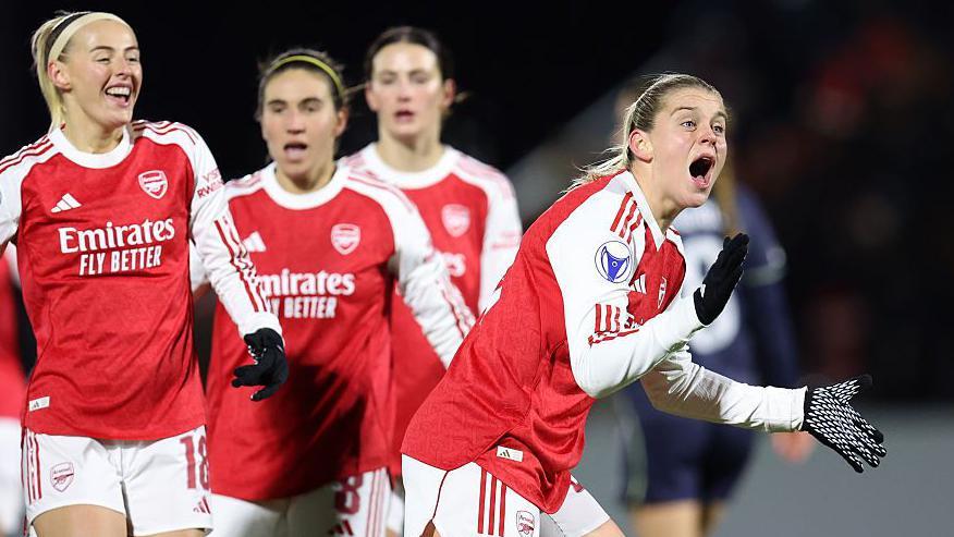 Russo shouts encouragement to the fans after scoring her second goal against Madrid