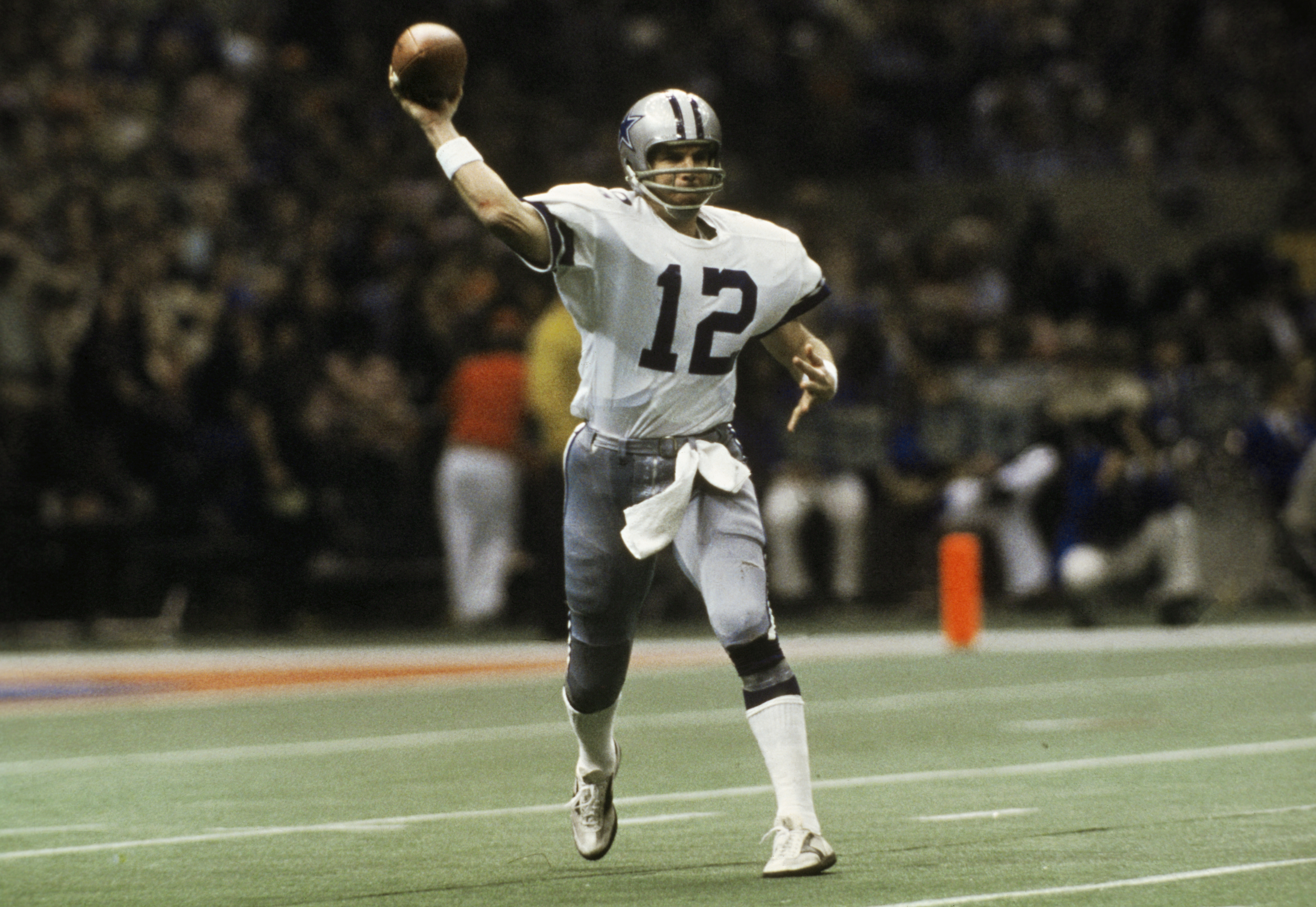 Dallas Cowboys' Roger Staubach throwing the football during Super Bowl game against the Denver Broncos in New Orleans.