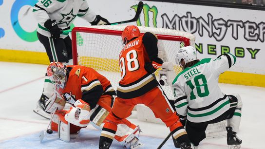Anaheim Ducks goalie Lukas Dostal (1) makes a save during an NHL game against the Dallas Stars on January 13, 2026 in Anaheim, CA.