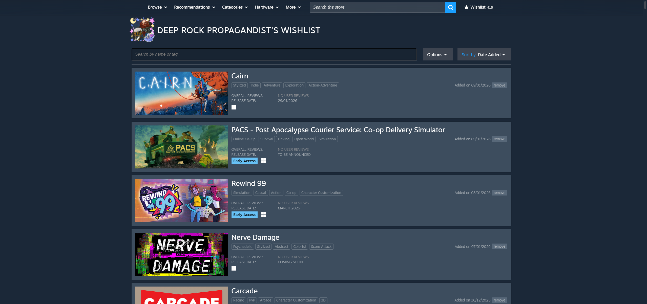 Steam: A screenshot of a user's Steam wishlist, showing five different games.