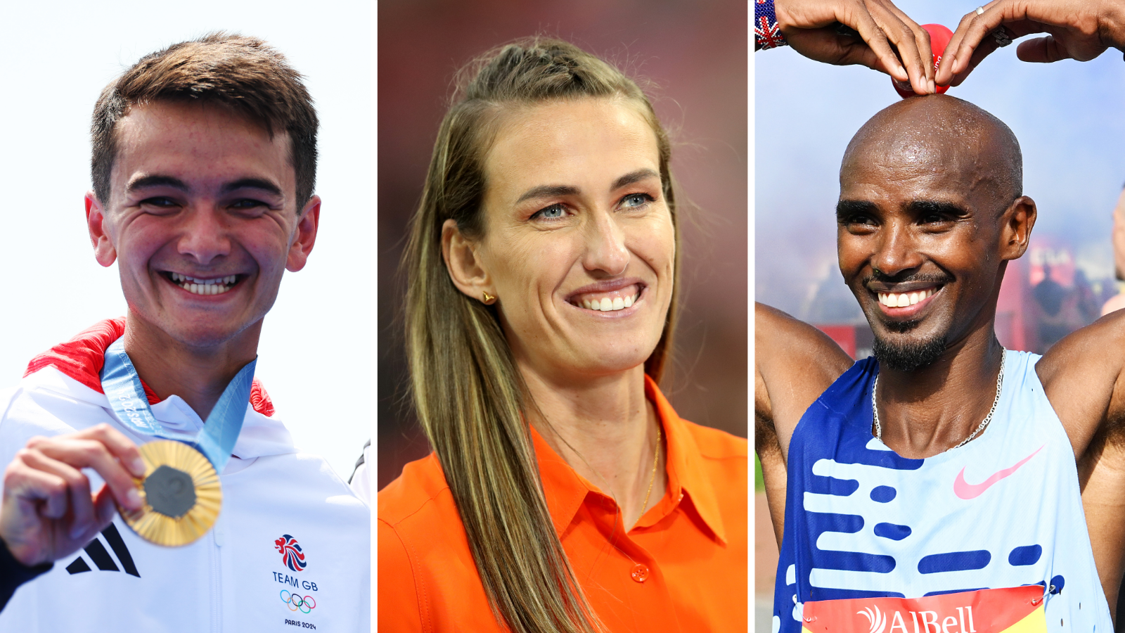 A split picture of Alex Yee, Jill Scott and Mo Farah