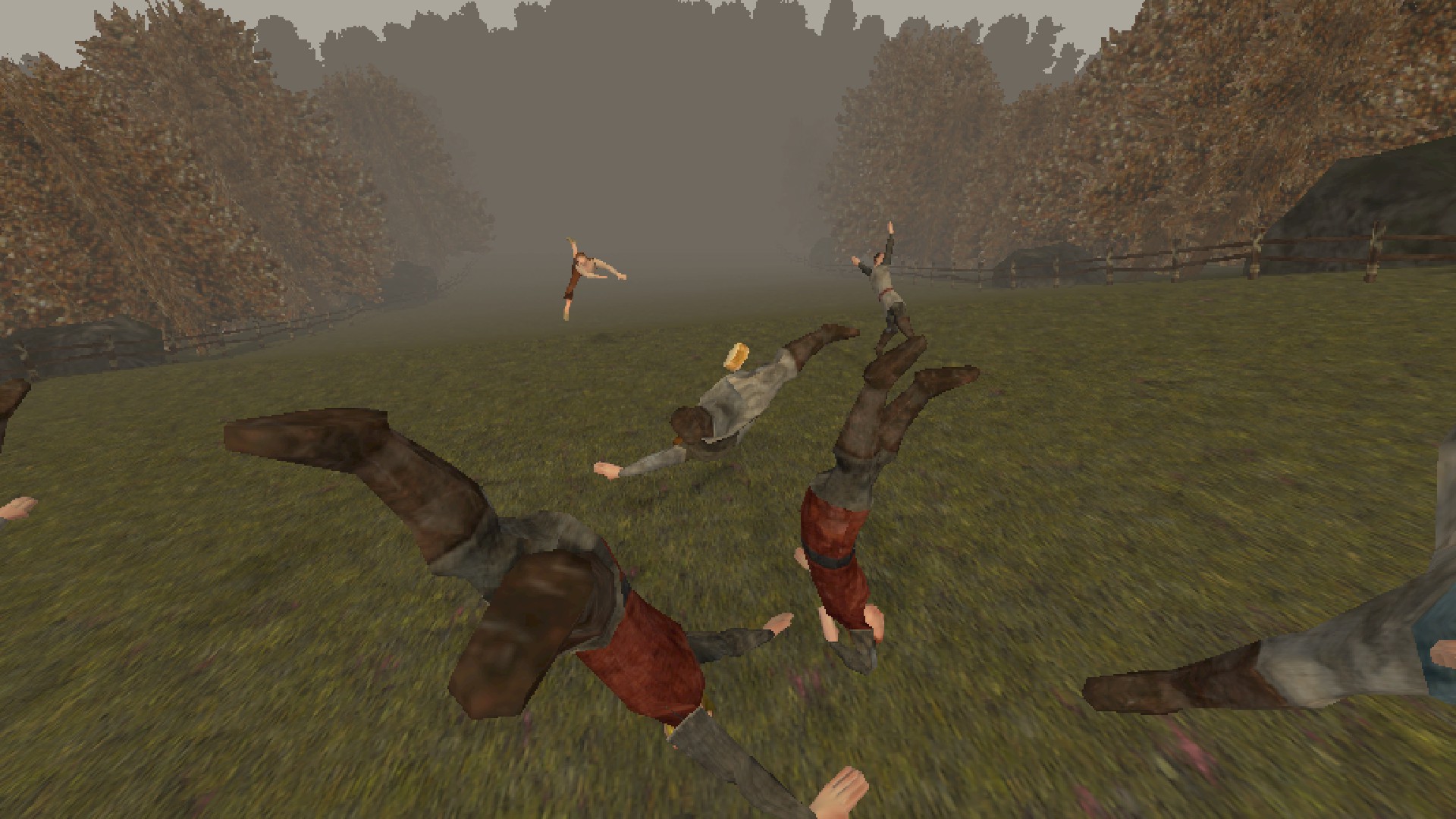 Competitors tumble down the hillside in Cheese Rolling.