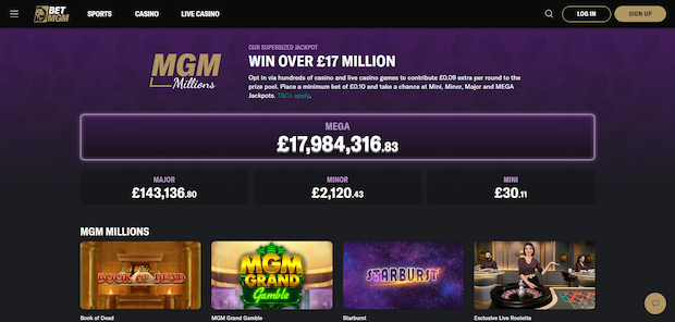 BetMGM casino jackpot amounts: Mega &pound;17,984,316.83; Major &pound;143,136.80; Minor &pound;2,120.43; Mini &pound;30.11.
