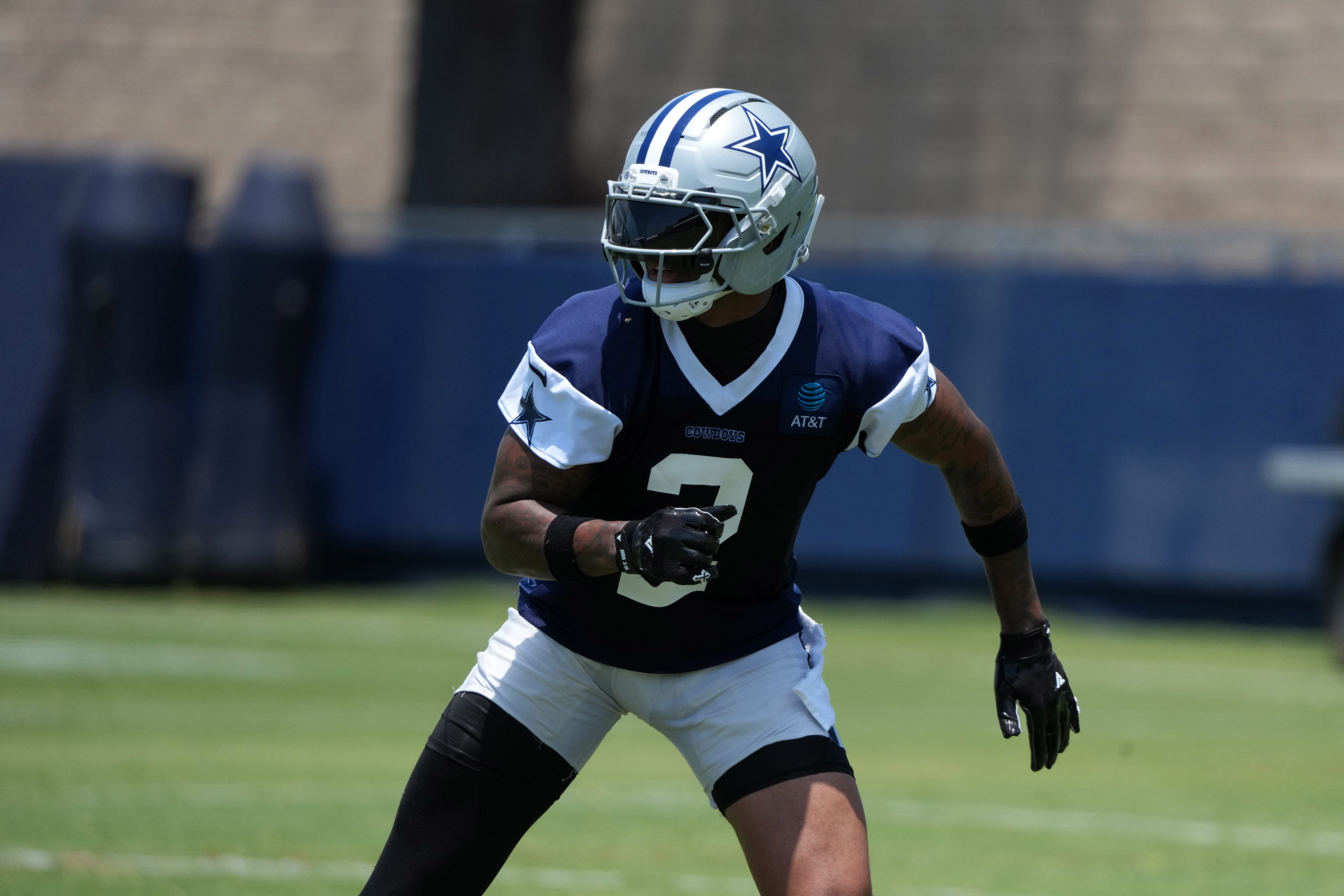 Jul 22, 2025; Oxnard, CA, USA; Dallas Cowboys safety Juanyeh Thomas (2) during training camp at the River Ridge Fields. Mandatory Credit: Kirby Lee-Imagn Images