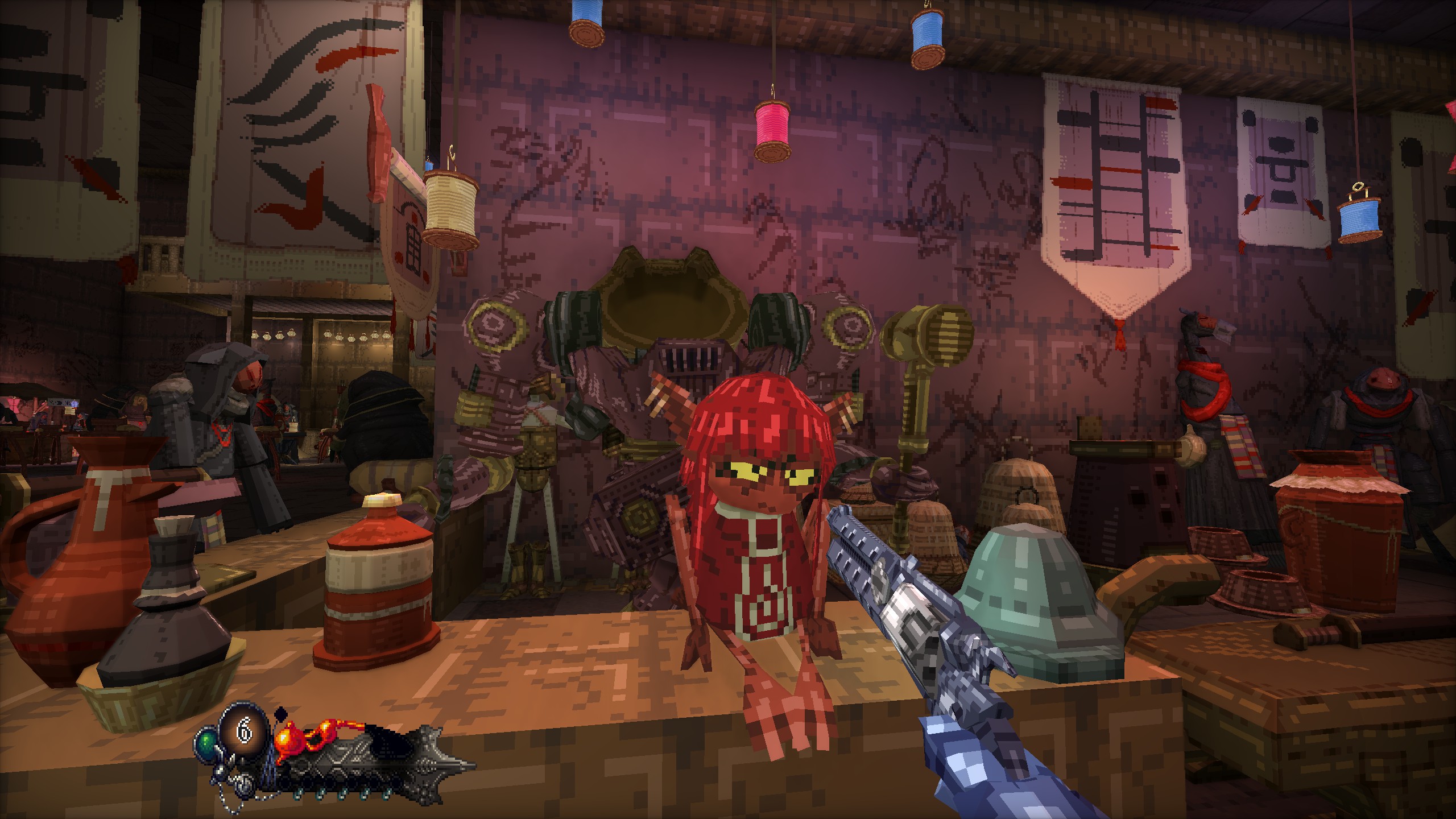 Red imp character sitting on counter in front of steampunk mech in bazaar area of Mohrta.