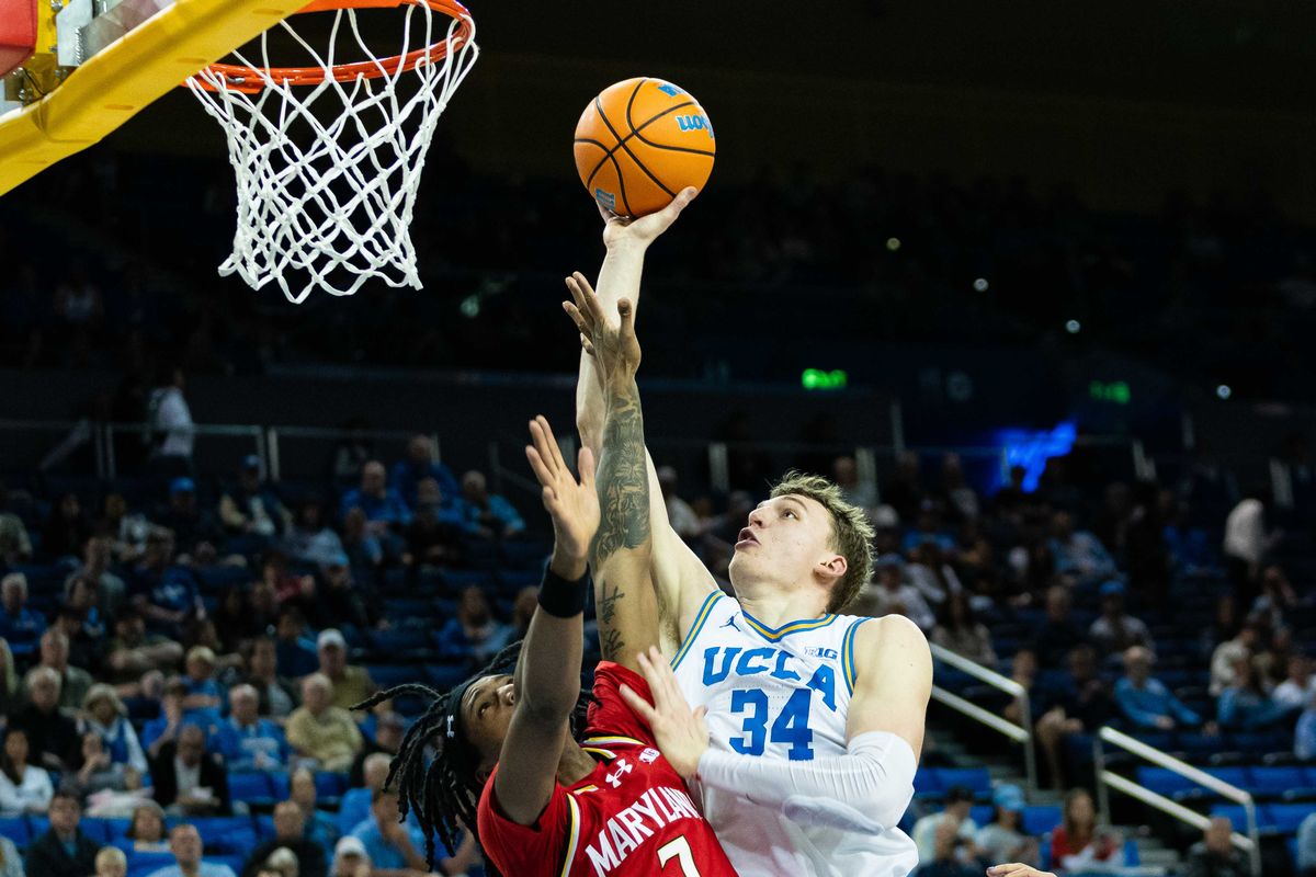 UCLA forward Tyler Bilodeau (34) shoots a lay-up during a Big 10 basketball game against Maryland, Saturday , January 10th, 2025 in Los Angeles, California