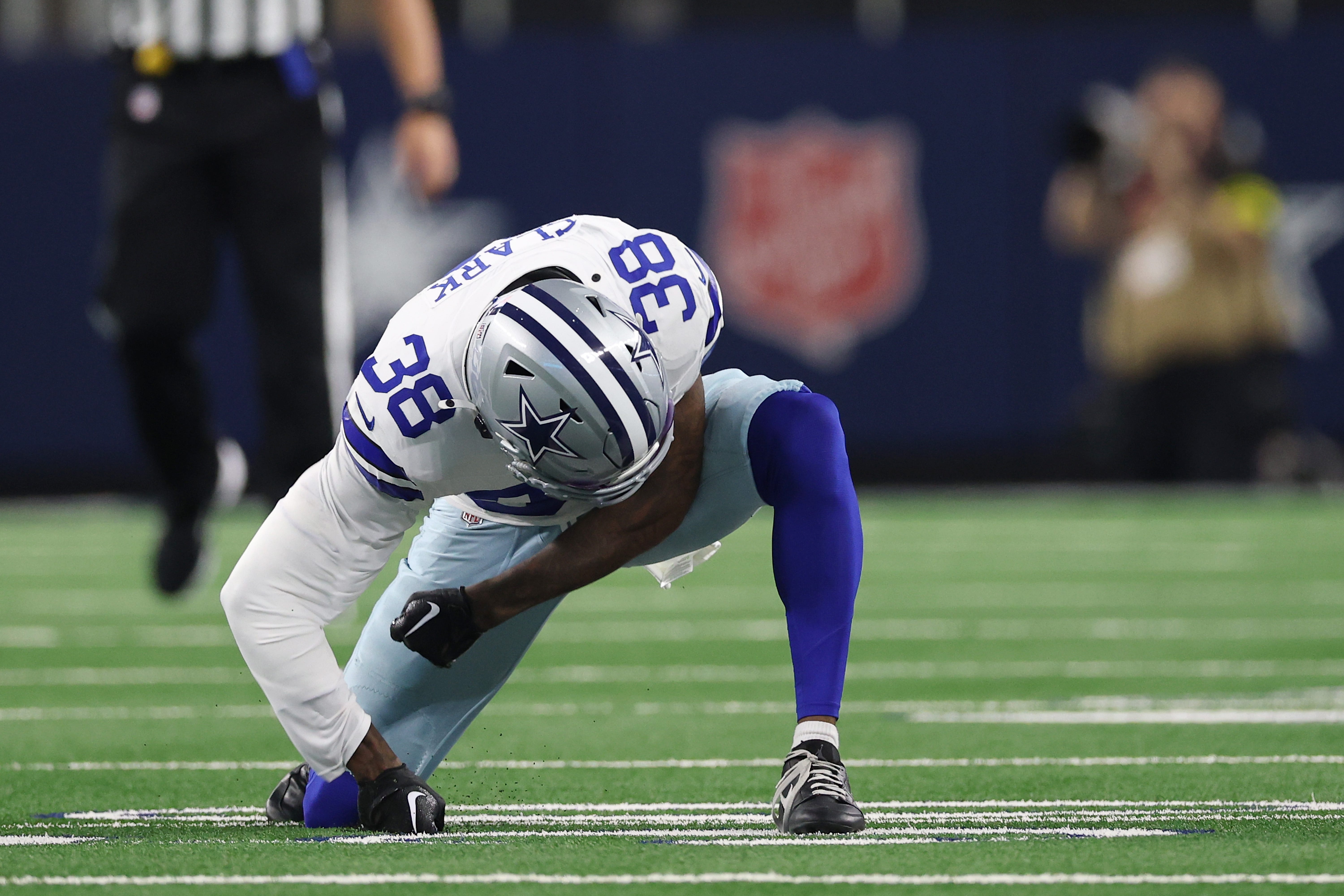 ARLINGTON, TEXAS - AUGUST 22: Alijah Clark #38 of the Dallas Cowboys reacts after missing an interception during the first quarter of an NFL Preseason 2025 game against the Atlanta Falcons at AT&T Stadium on August 22, 2025 in Arlington, Texas. (Photo by Stacy Revere/Getty Images)