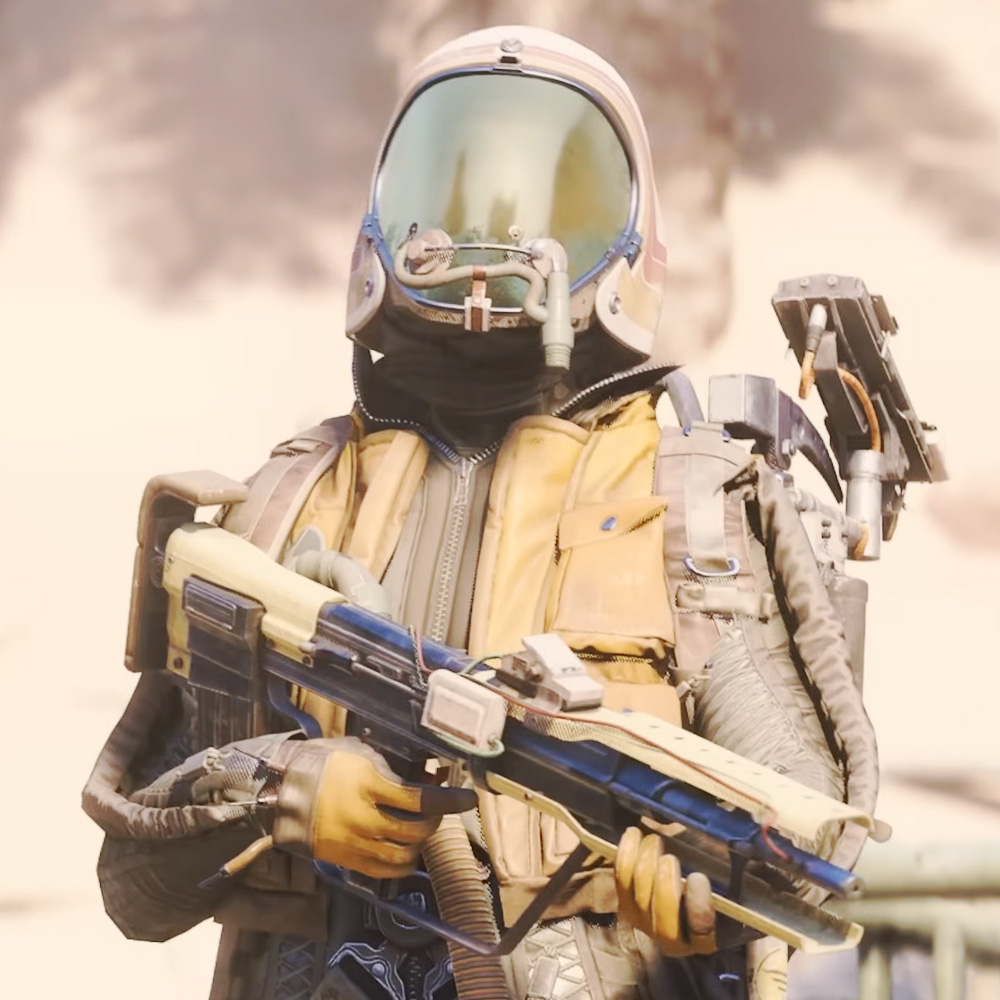 A steam punk-like character with a gun from Arc Raiders