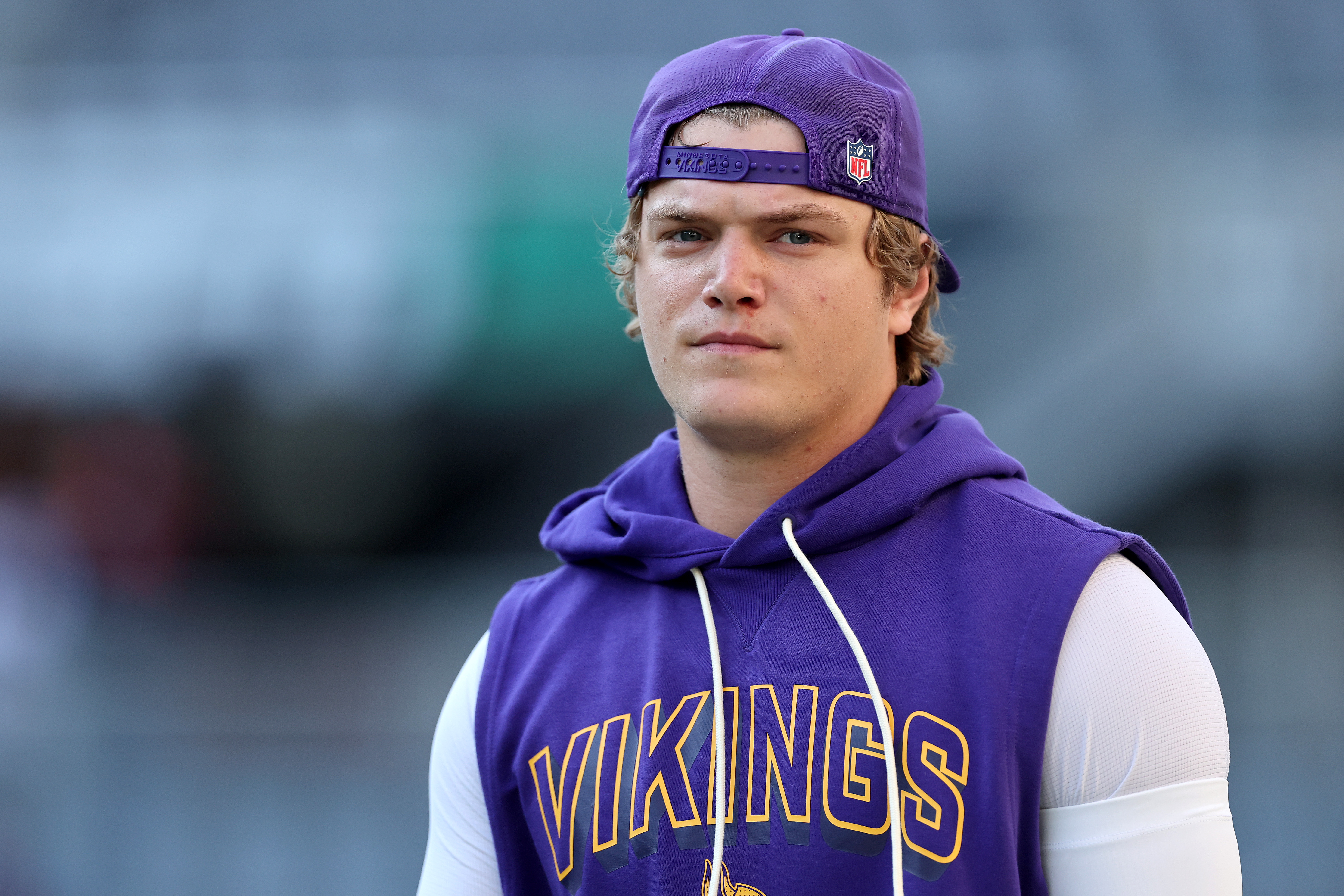 CHICAGO, ILLINOIS - SEPTEMBER 08: J.J. McCarthy #9 of the Minnesota Vikings looks on during warm ups prior to the game against the Chicago Bears at Soldier Field on September 08, 2025 in Chicago, Illinois. (Photo by Michael Reaves/Getty Images)