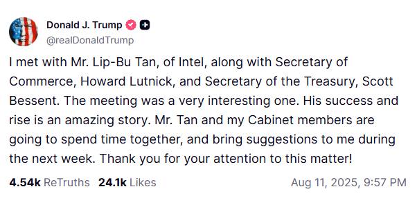 Donald Trump's Truth Social post talking about the meeting with Intel CEO Lip-Bu Tan