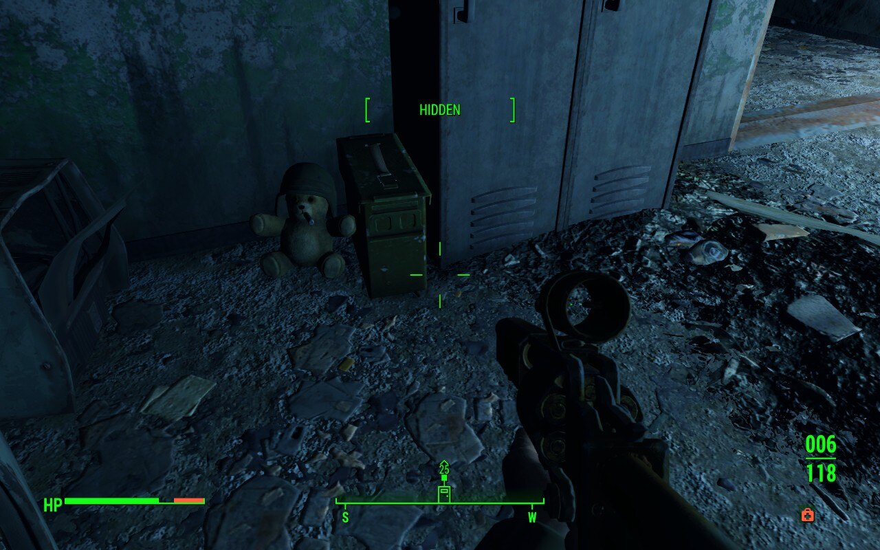 Fallout 4 teddy bear with cigar and combat helmet seated next to ammo box