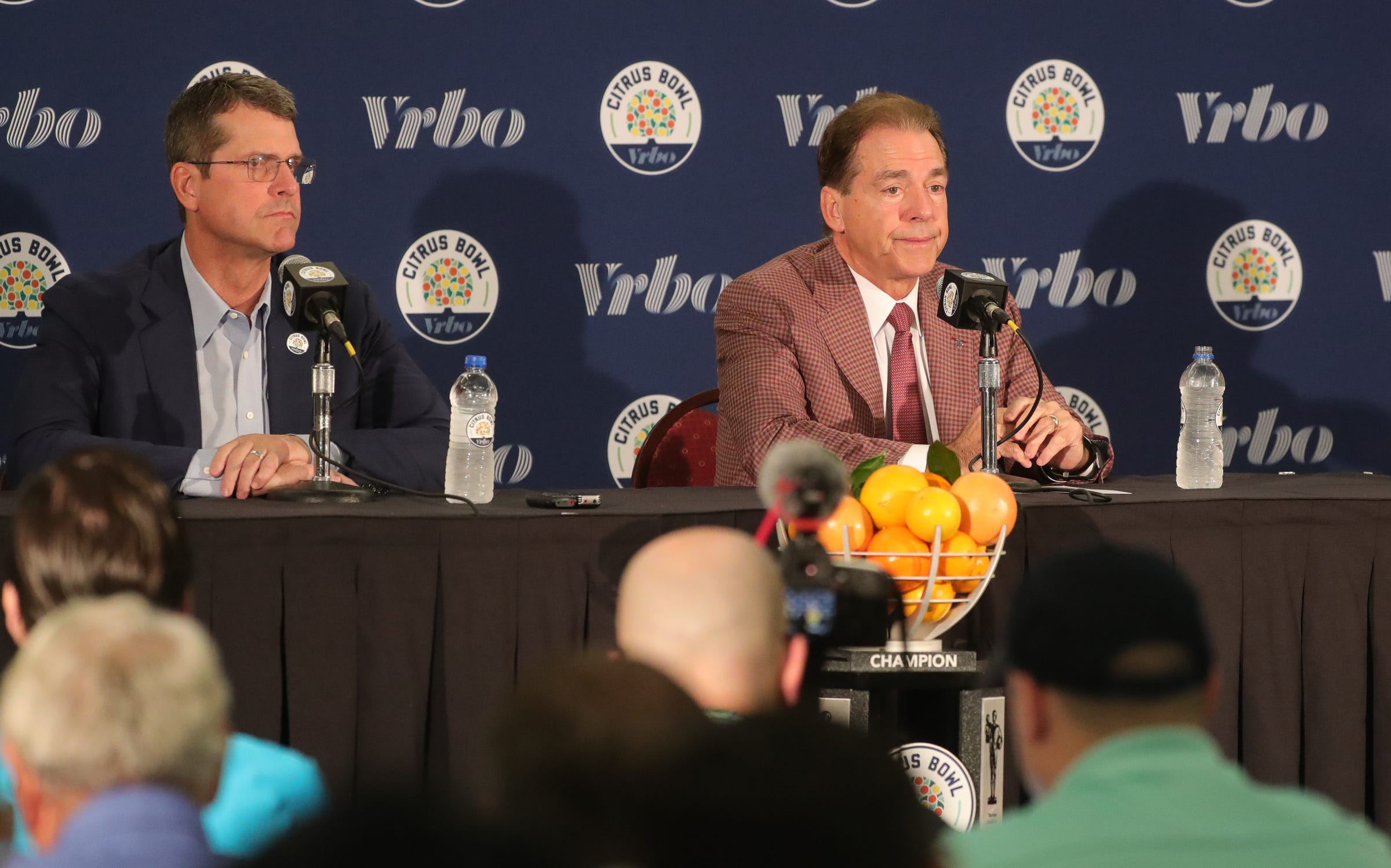 Michigan head coach Jim Harbaugh and Alabama head coach Nick Saban talk about playing in the Citrus Bowl Tuesday, December 31, 2019 at the Rosen Plaza Hotel in Orlando, Fl.