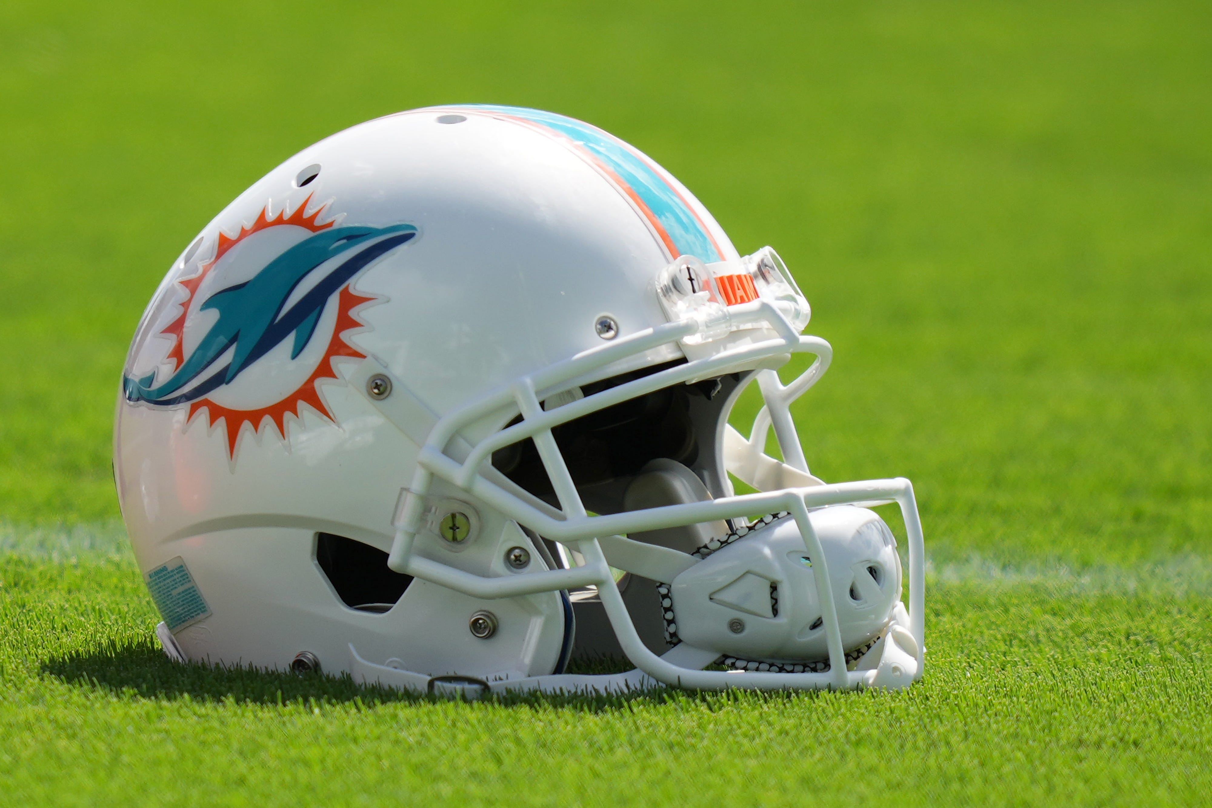 A general view of a Miami Dolphins helmet.