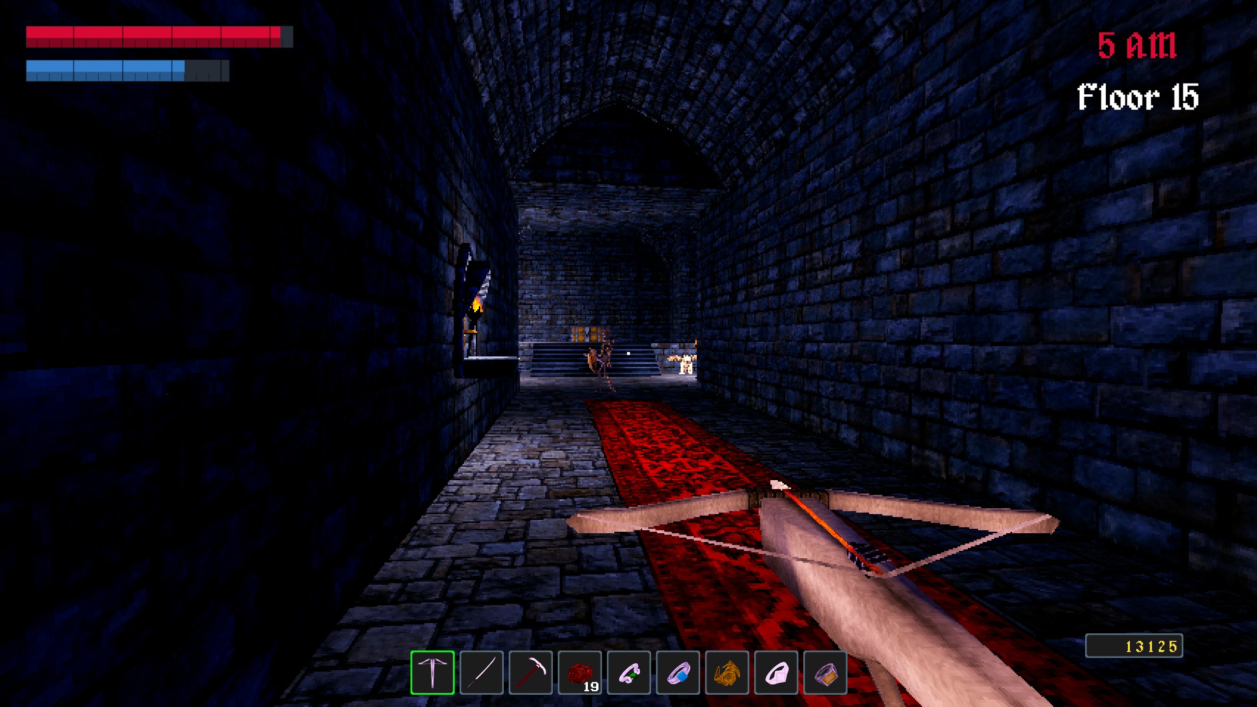 First person view crossbow pointed down stone hallway with red carpet in Nox Mortalis