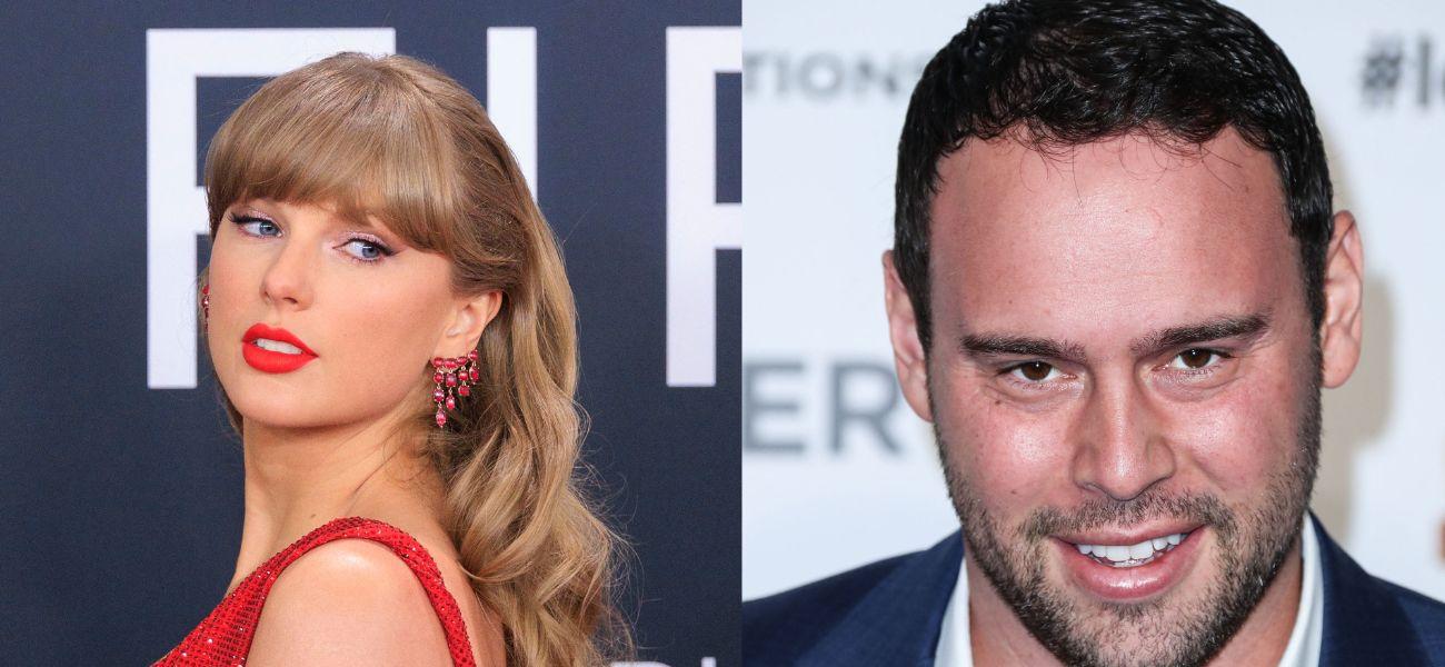 Photo collage of Taylor Swift and Scooter Braun.