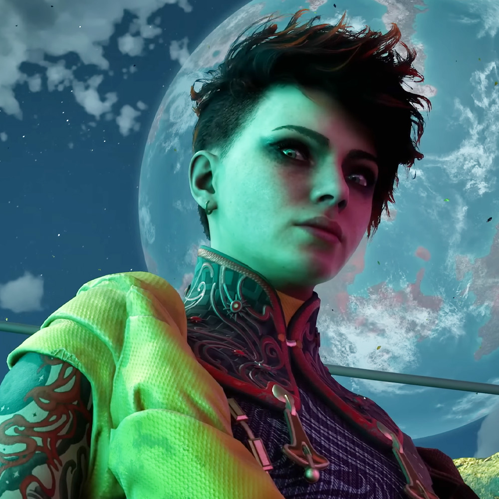 A companion screenshot from The Outer Worlds 2 with short, black hair, smokey eyes, and a yellow jacket