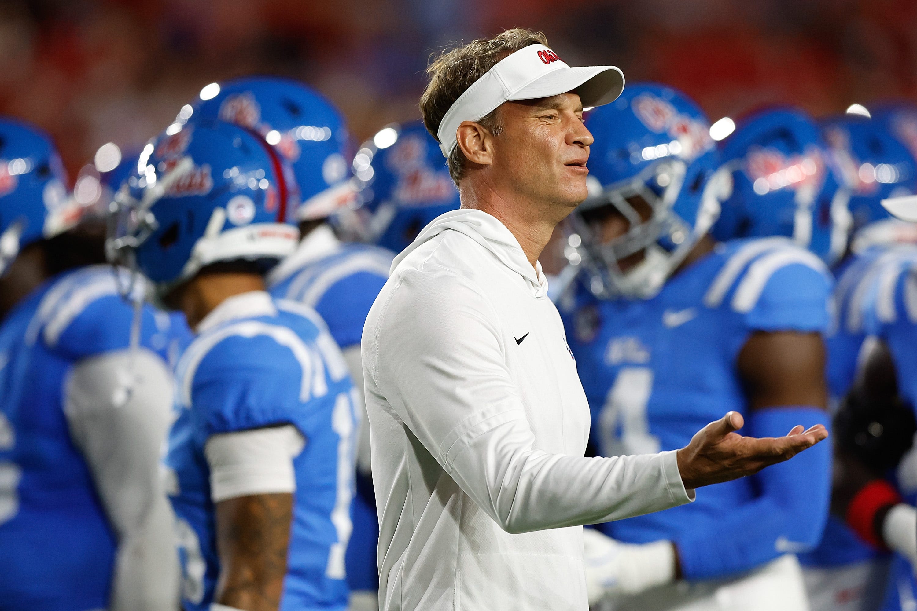 OXFORD, MISSISSIPPI - NOVEMBER 15: Head coach Lane Kiffin of the Mississippi Rebels reacts before the game against the Florida Gators at Vaught-Hemingway Stadium on November 15, 2025 in Oxford, Mississippi. (Photo by Justin Ford/Getty Images)