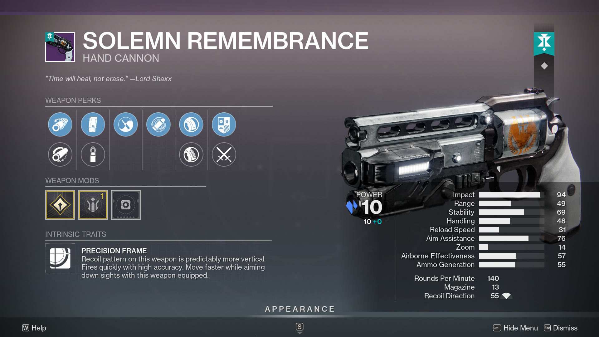 Destiny 2 Solemn Remembrance god roll: The Solemn Remembrance hand cannon being inspected in the inventory screen, showcasing its perks.