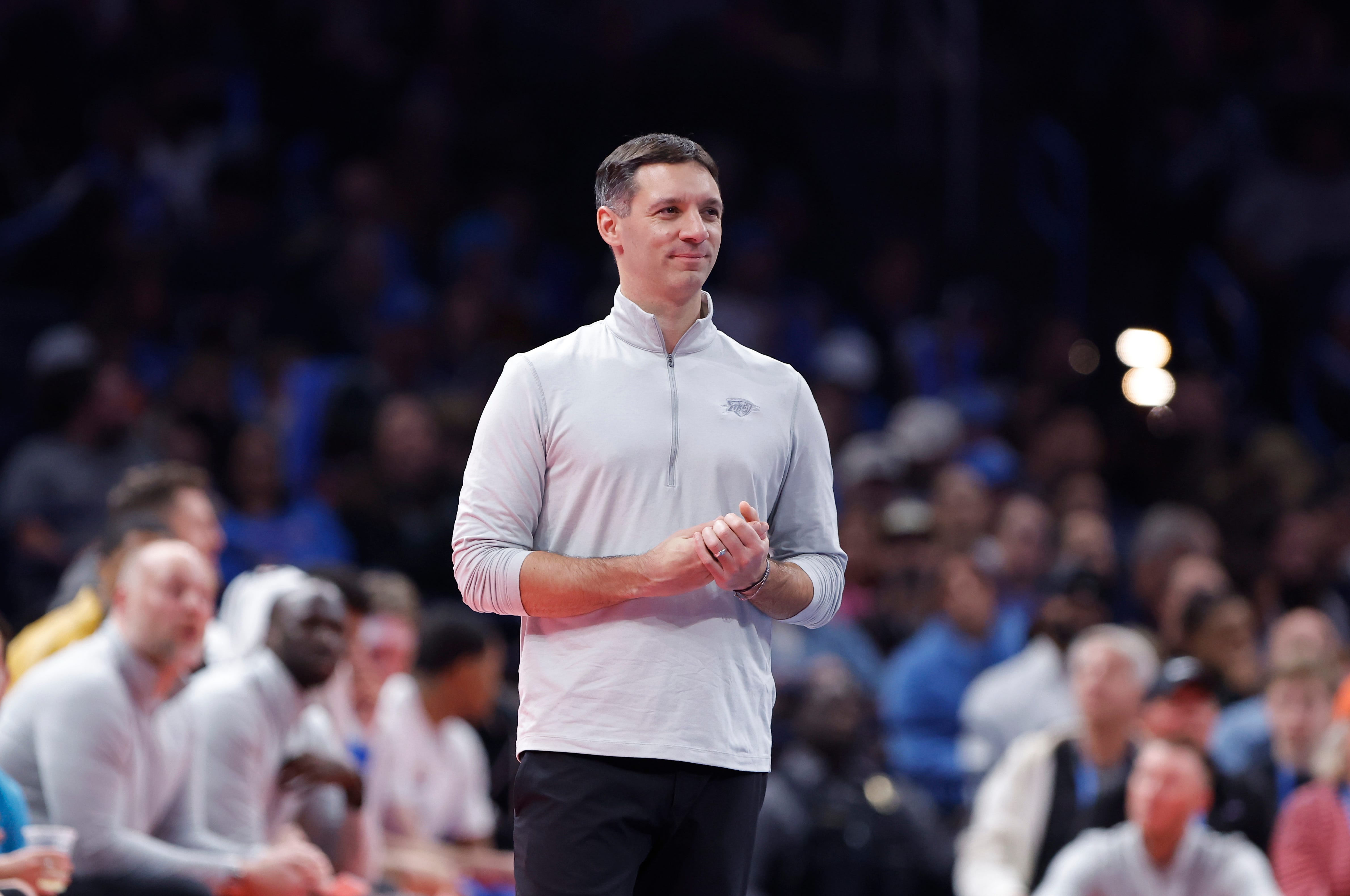 Nov 28, 2025; Oklahoma City, Oklahoma, USA; Oklahoma City Thunder head coach Mark Daigneault smiles during a play against the Phoenix Suns during the second half at Paycom Center. Mandatory Credit: Alonzo Adams-Imagn Images