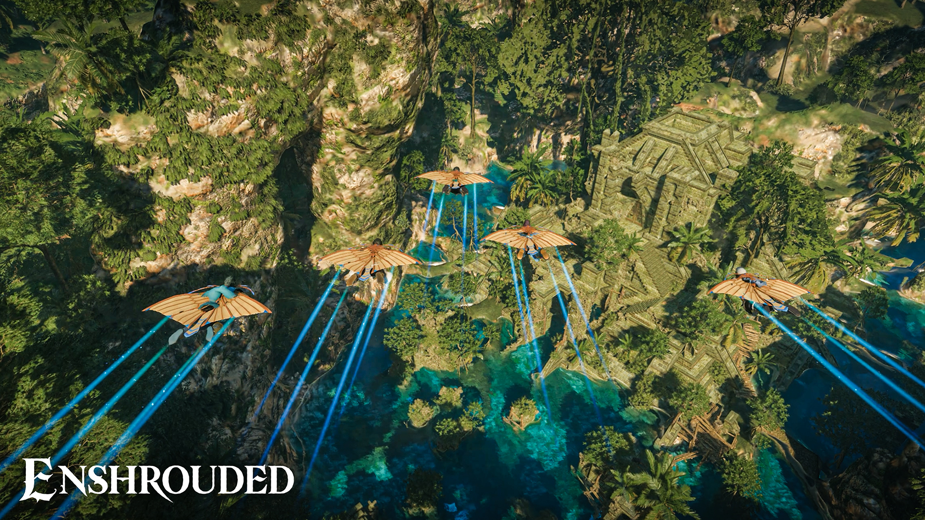 Players using wingsuits to fly over water