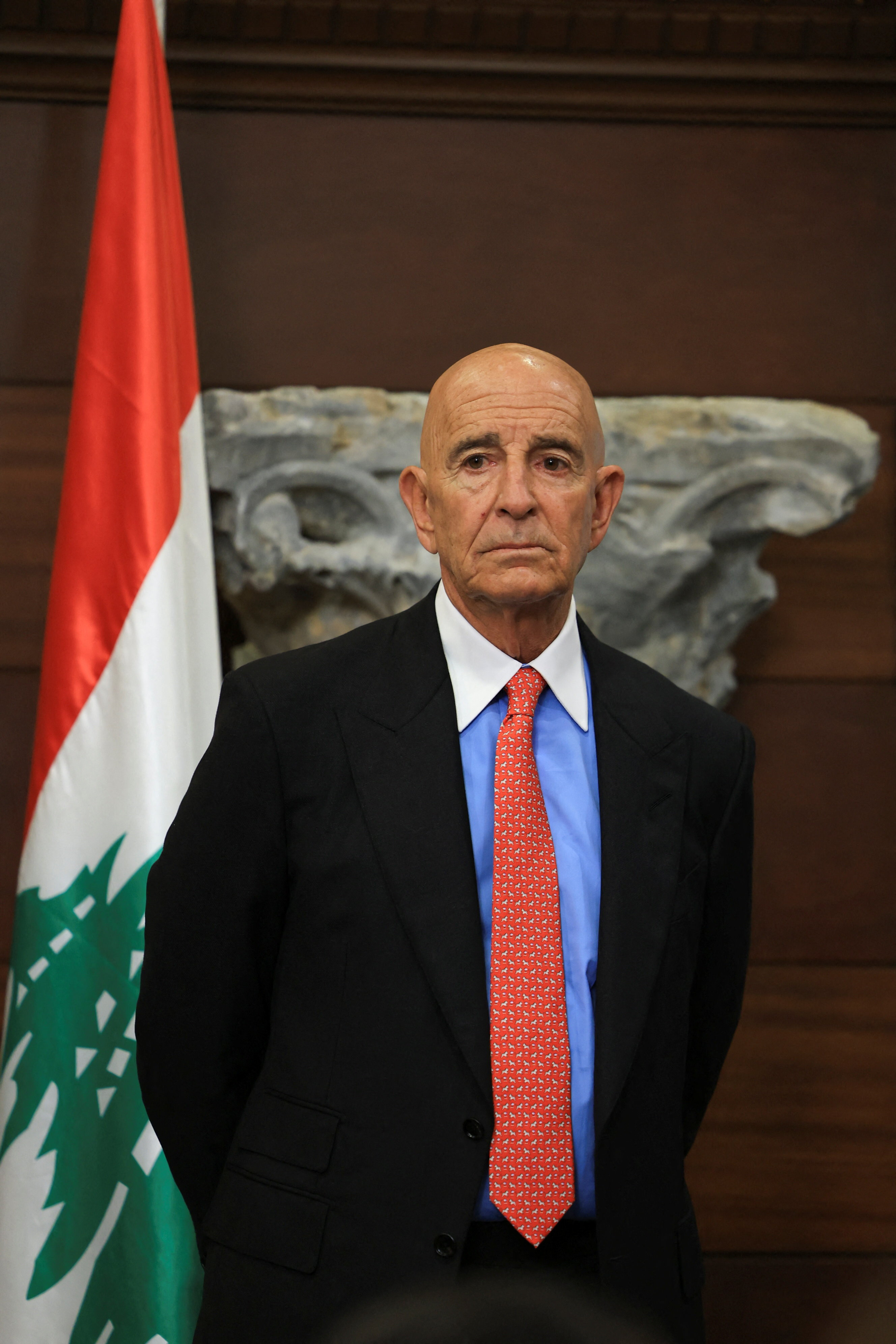 U.S. Ambassador to Turkey and U.S. special envoy for Syria Thomas Barrack stands at the presidential palace in Baabda, Lebanon August 26, 2025. REUTERS/Mohamed Azakir