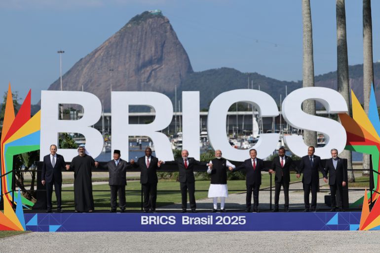 RIO DE JANEIRO, BRAZIL - JULY 6: Russia's Foreign Minister Sergey Lavrov, UAE's President Sheikh Mohamed bin Zayed al-Nahyan, Indonesia's President Prabowo Subianto, South Africa's President Cyril Ramaphosa, Brazil's President Luiz Inacio Lula da Silva, India's Prime Minister Narendra Modi, China's Premier Li Qiang, Ethiopia's Prime Minister Abiy Ahmed, Egypt's Prime Minister Mostafa Madbouly, and Iran's Foreign Minister Abbas Araghchi pose for the family photo as part of the Brics Summit 2025 at Museu de Arte Moderna on July 6, 2025 in Rio de Janeiro, Brazil. (Photo by Wagner Meier/Getty Images)