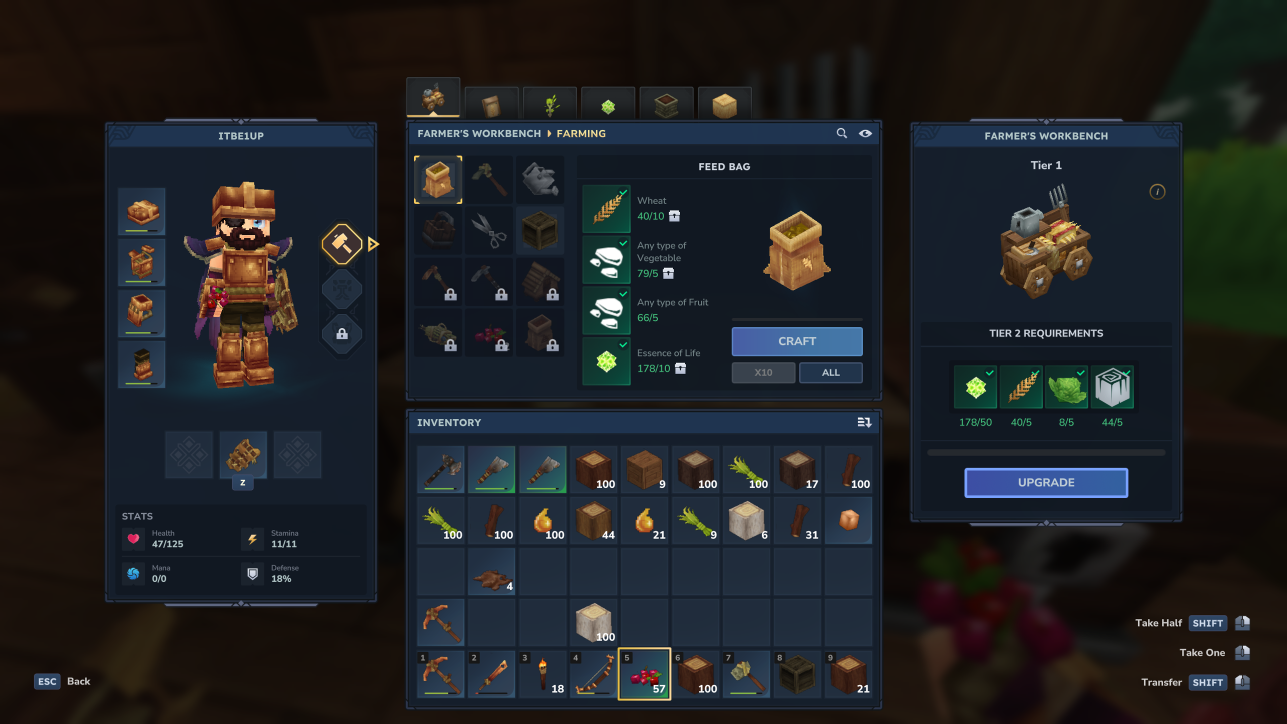 Best Hytale mods: A player's inventory while crafting and upgrading the Farmer's Workbench, demonstrating the Storage Range Override mod.