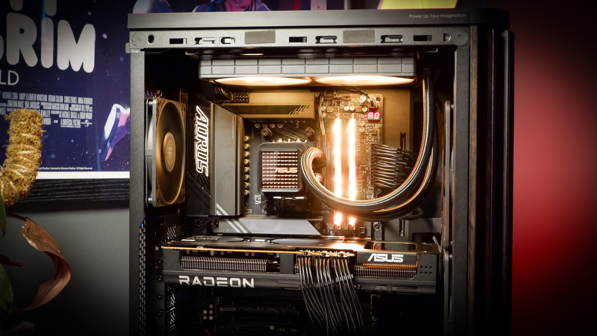 A gaming PC in the process of being built, using Radeon and Ryzen components and an Asus Pro Art PA401 PC case.