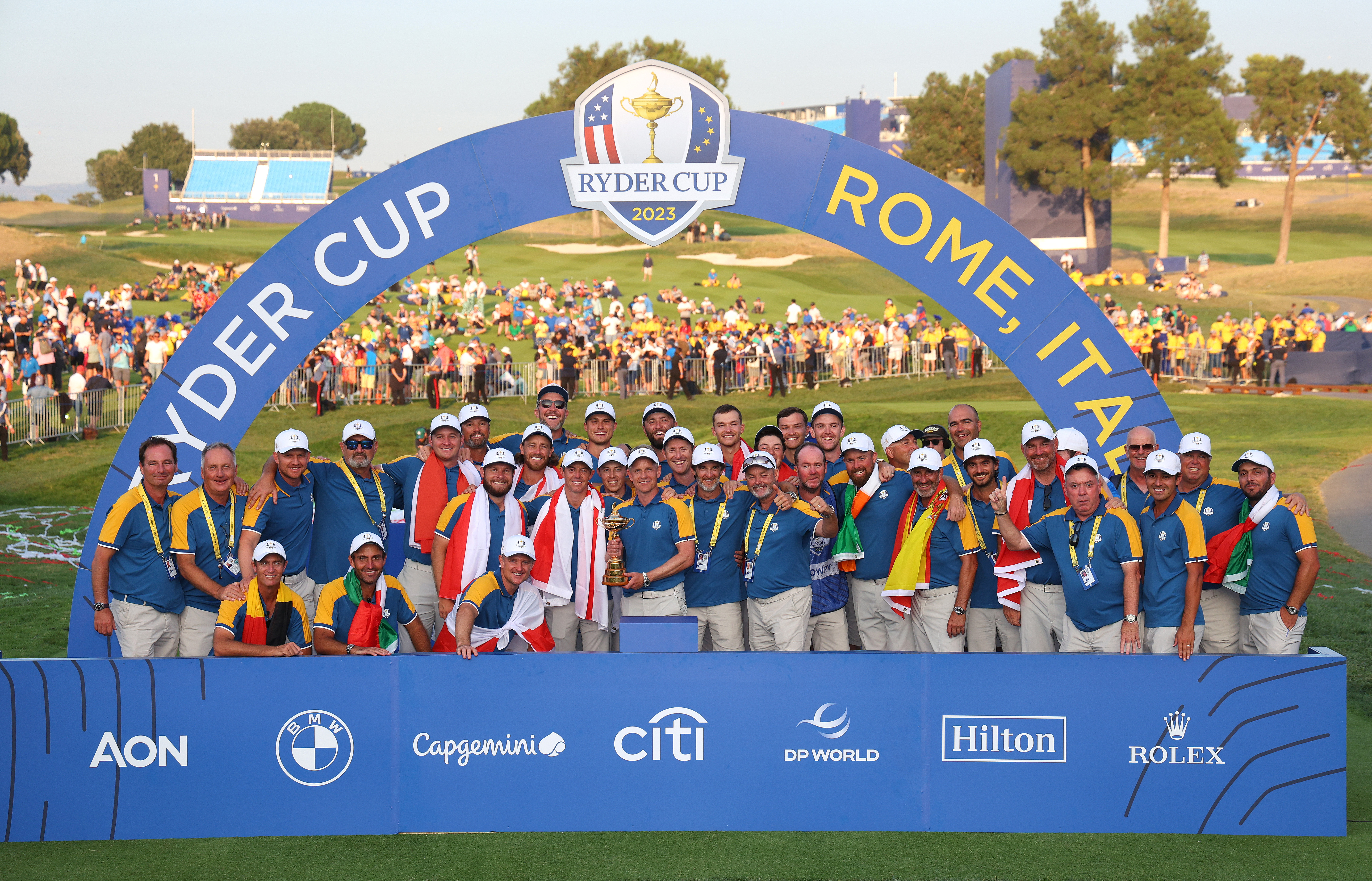 ROME, ITALY - OCTOBER 01: Luke Donald, Captain of Team Europe, lifts the Ryder Cup trophy following victory with 16 and a half to 11 and a half win during the 2023 Ryder Cup at Marco Simone Golf Club on October 01, 2023 in Rome, Italy. (Photo by Andrew Redington/Getty Images)