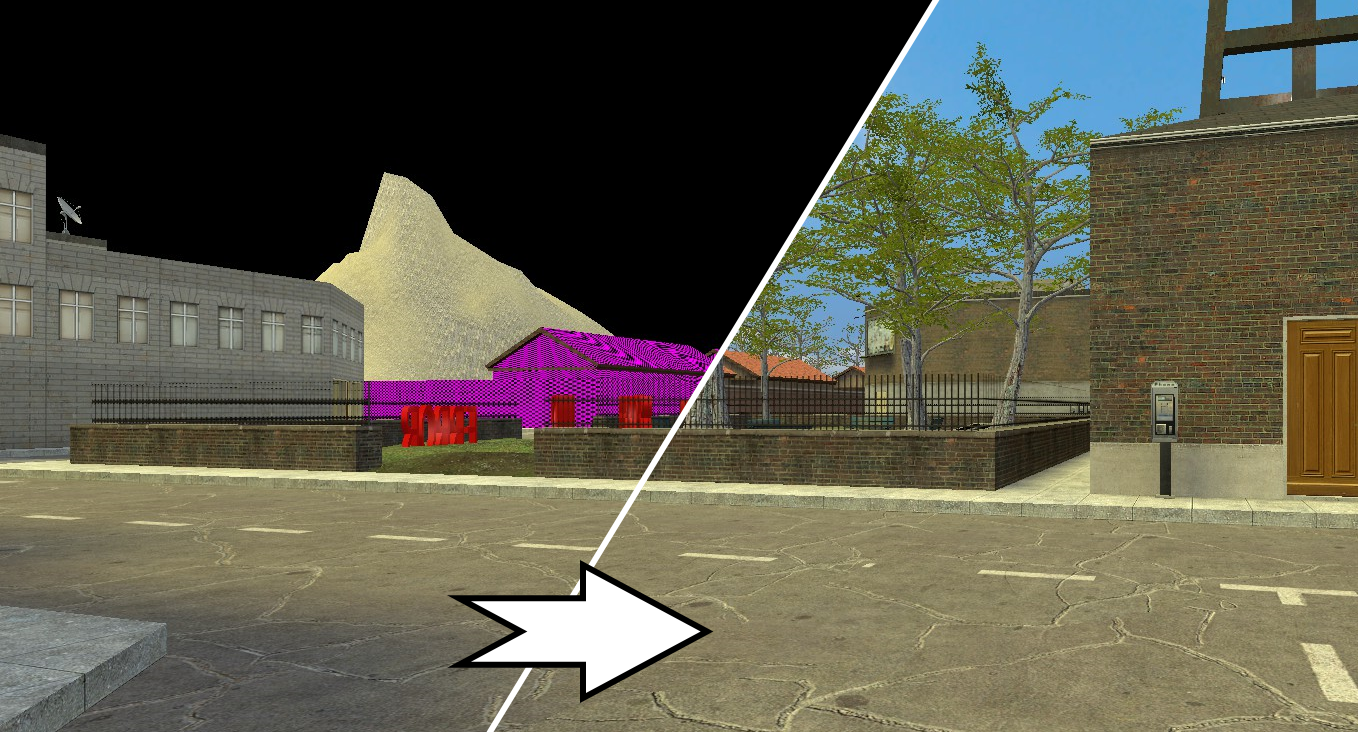 A map showing missing textures besides one showing all textures