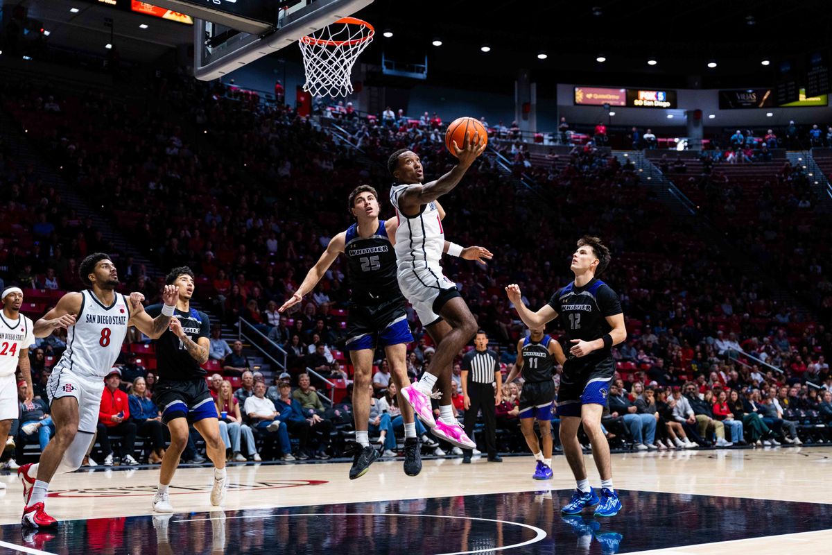 San Diego State guard BJ Davis (10) attempts a layup during an NCAA Basketball game between Whittier and San Diego State, Monday December 22, 2025 at Viejas Arena in San Diego, Calif.
