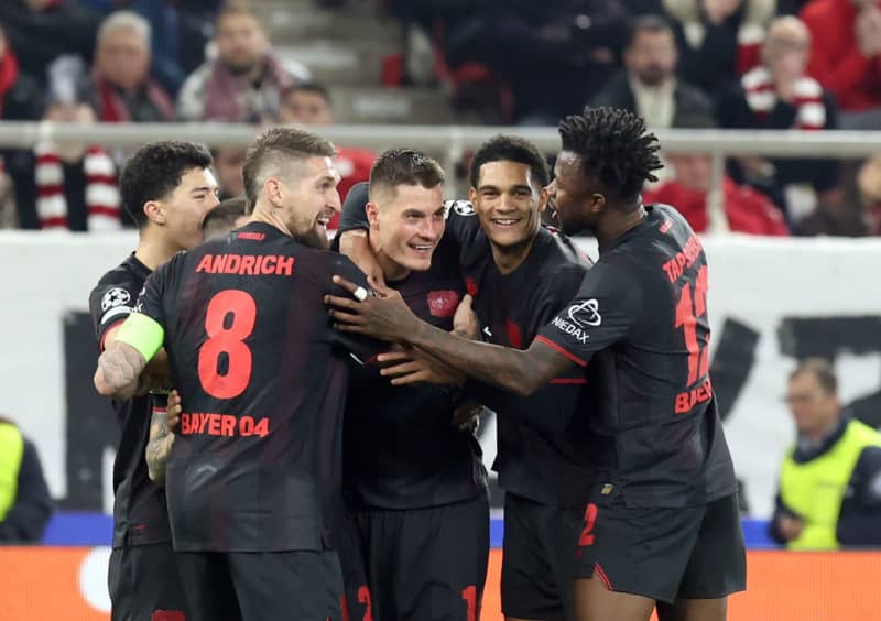Leverkusen's Patrik Schick (C) celebrates his side's first goal of the game during the UEFA Champions League soccer match between Olympiacos F.C. and Bayer 04 Leverkusen at Georgios Karaiskakis Stadium. Yorgos Karahalis/dpa
