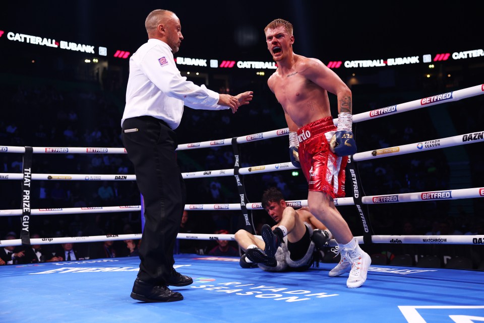 MANCHESTER, ENGLAND - JULY 05: Fraser Wilkinson celebrates victory over William Crolla as Referee John Latham stops the bout during their Super Welterweight fight on 'The Warrior Code' fight card at AO Arena on July 05, 2025 in Manchester, England. (Photo by Alex Livesey/Getty Images)
